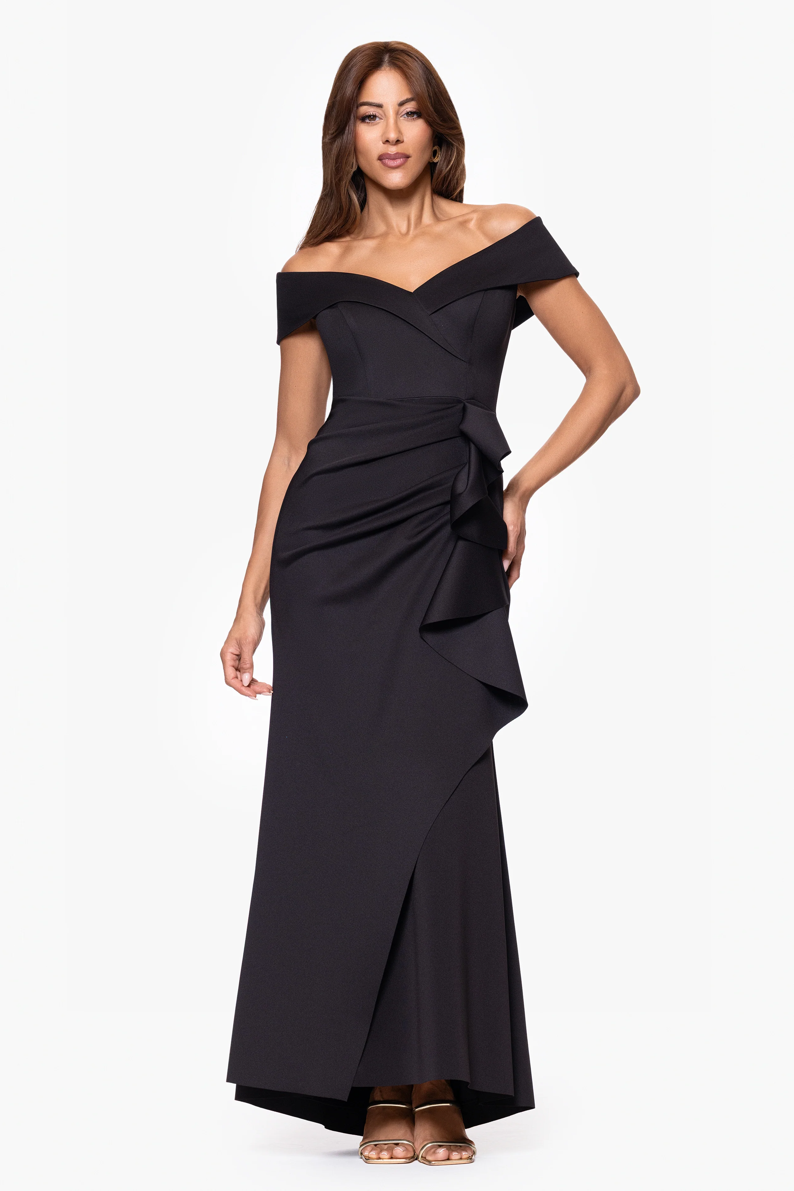 "Patti" Long Off the Shoulder Techno Scuba Dress - Image 12