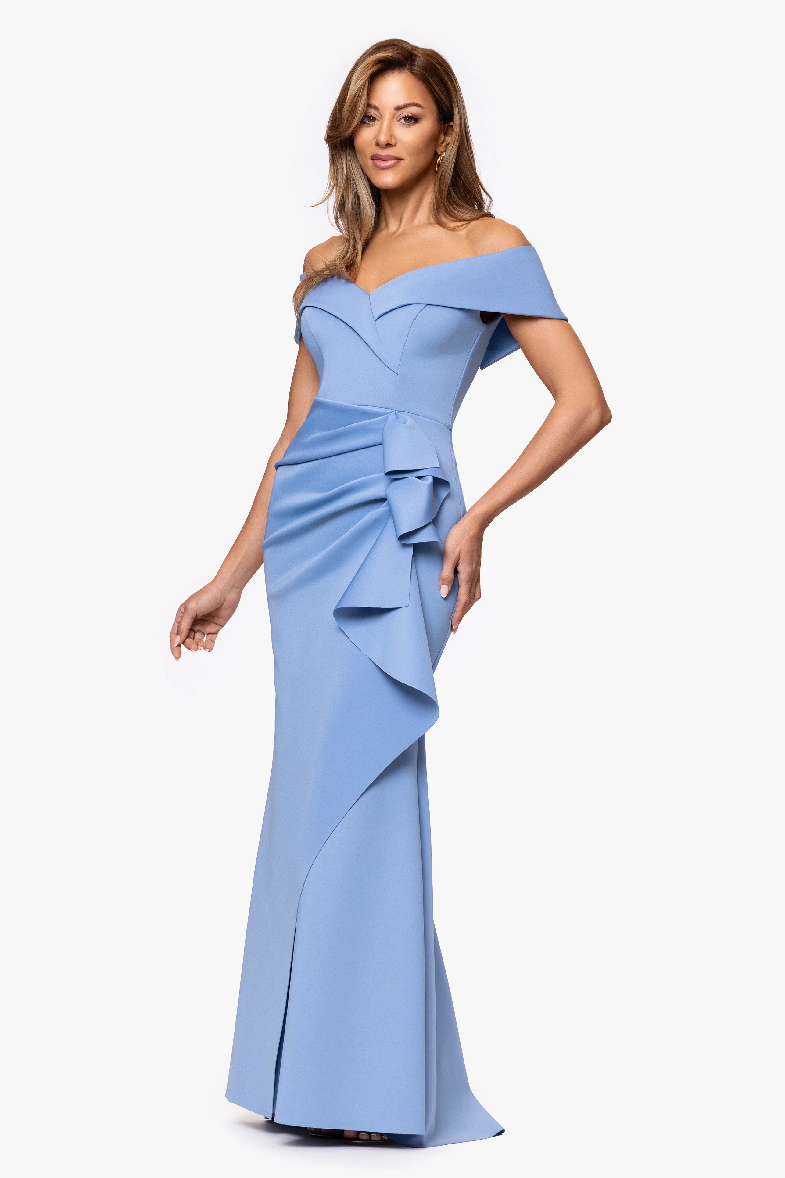 "Patti" Long Off the Shoulder Techno Scuba Dress - Image 39