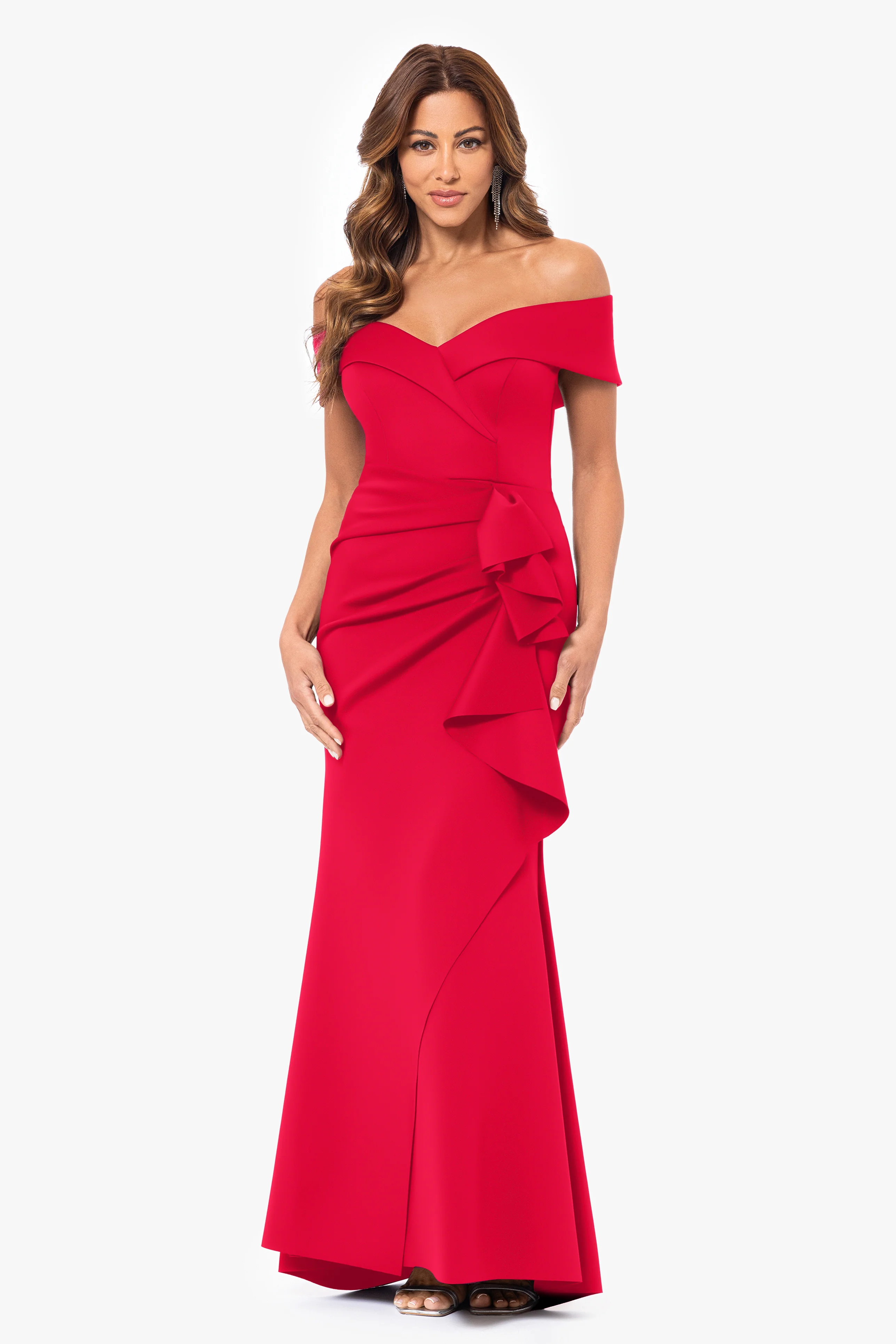 "Patti" Long Off the Shoulder Techno Scuba Dress - Image 17