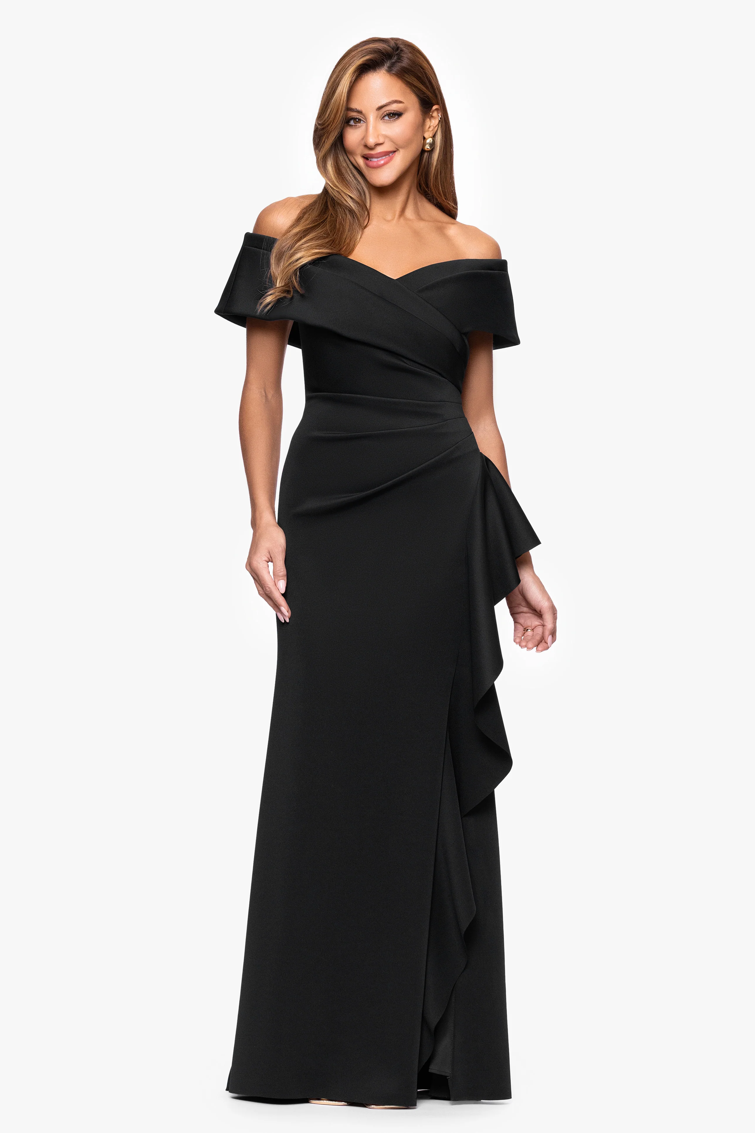 "Pearl" Techno Scuba Off the Shoulder Ruffle Floor Length Dress