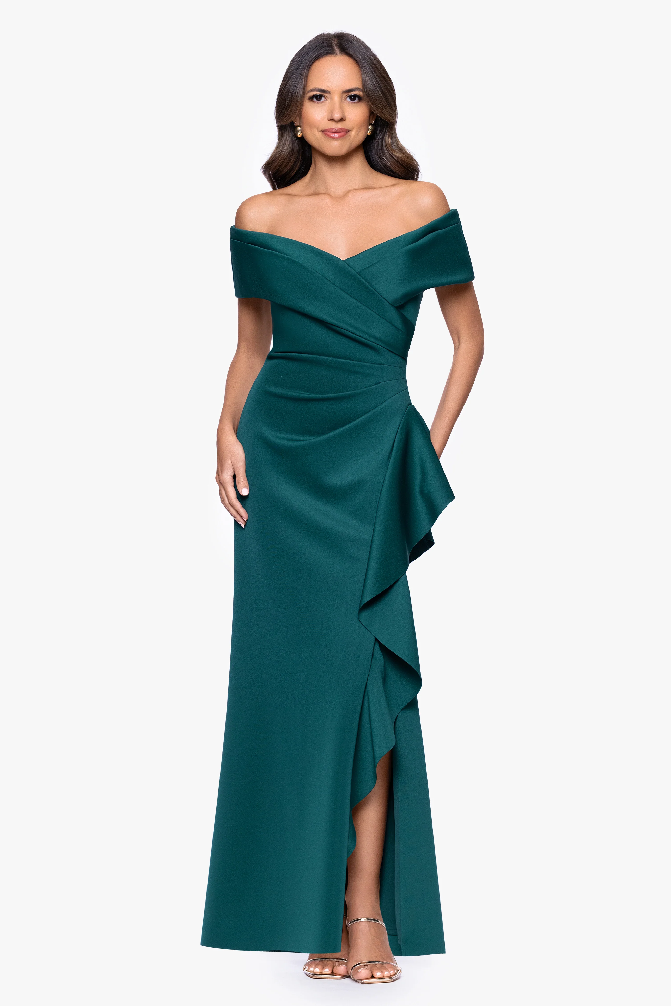 "Pearl" Techno Scuba Off the Shoulder Ruffle Floor Length Dress - Image 11