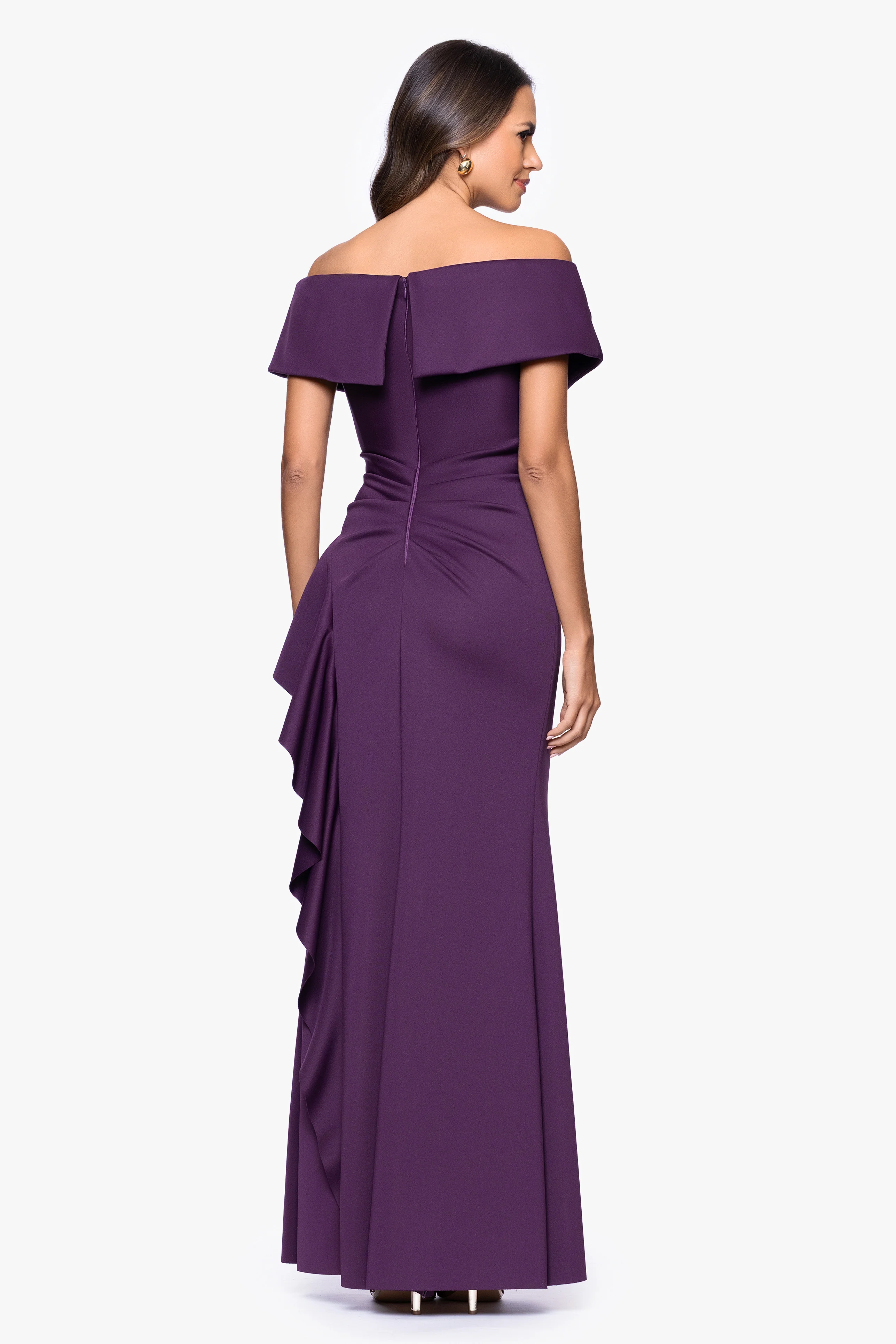 "Pearl" Techno Scuba Off the Shoulder Ruffle Floor Length Dress - Image 18
