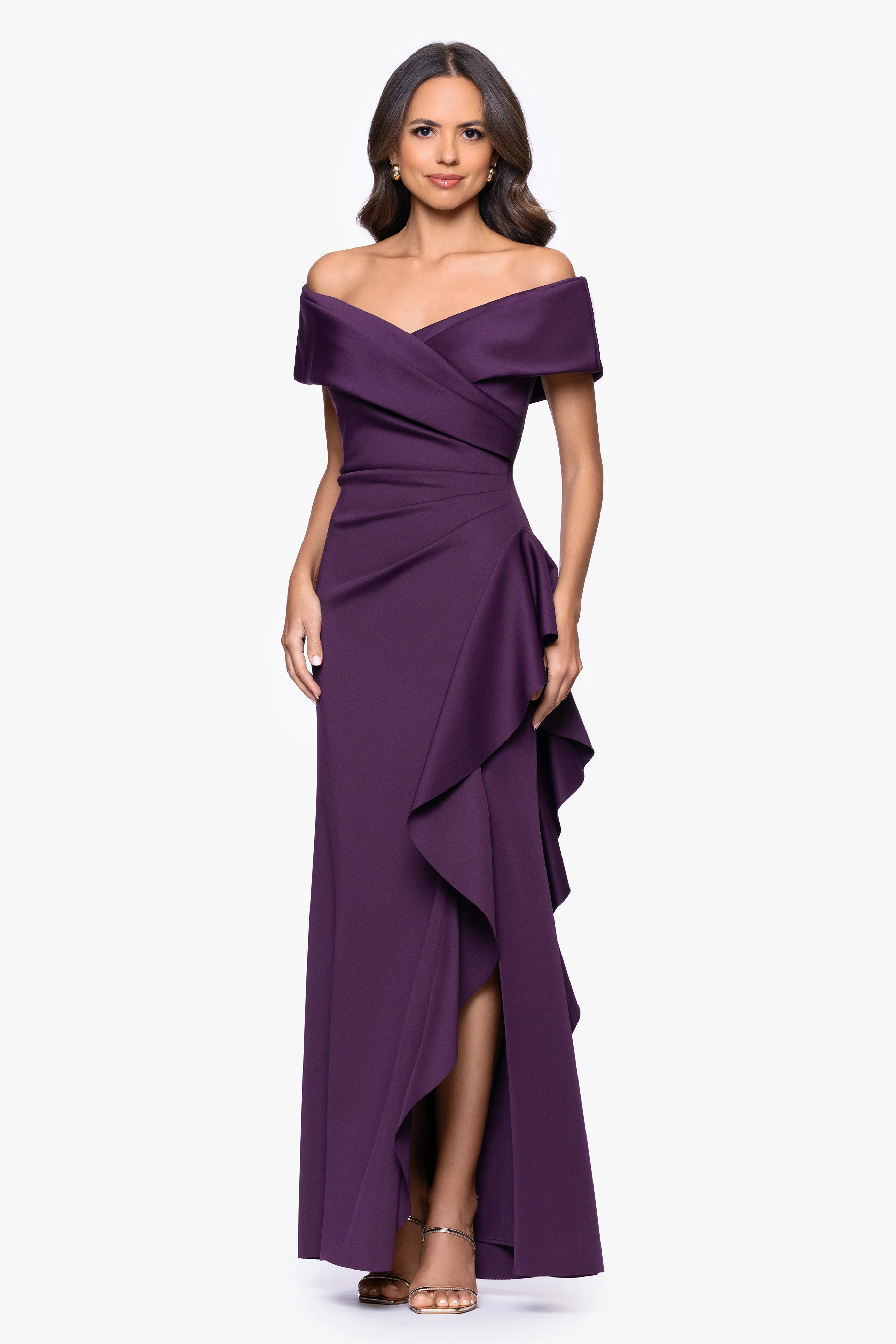 "Pearl" Techno Scuba Off the Shoulder Ruffle Floor Length Dress - Image 19