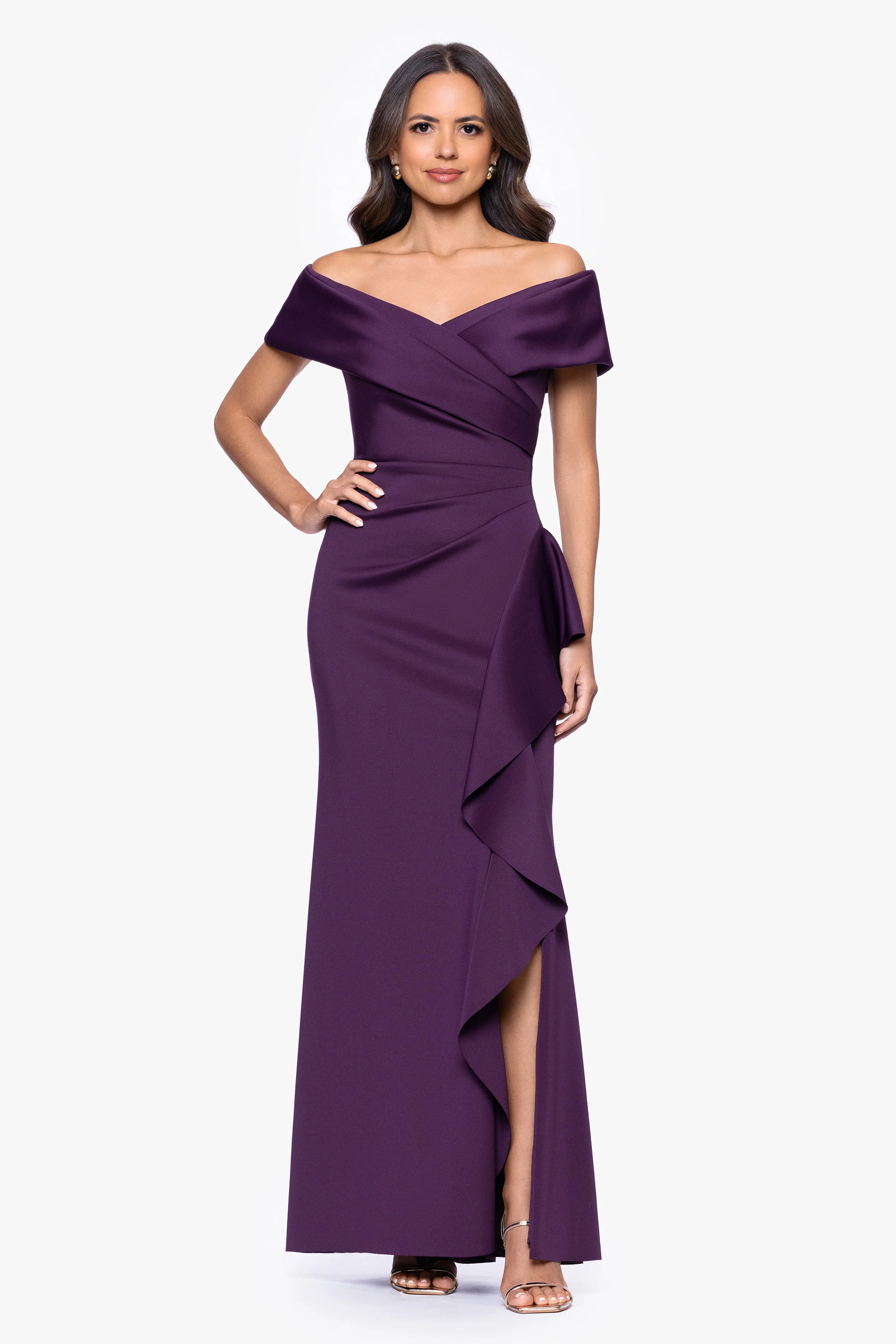 "Pearl" Techno Scuba Off the Shoulder Ruffle Floor Length Dress - Image 20