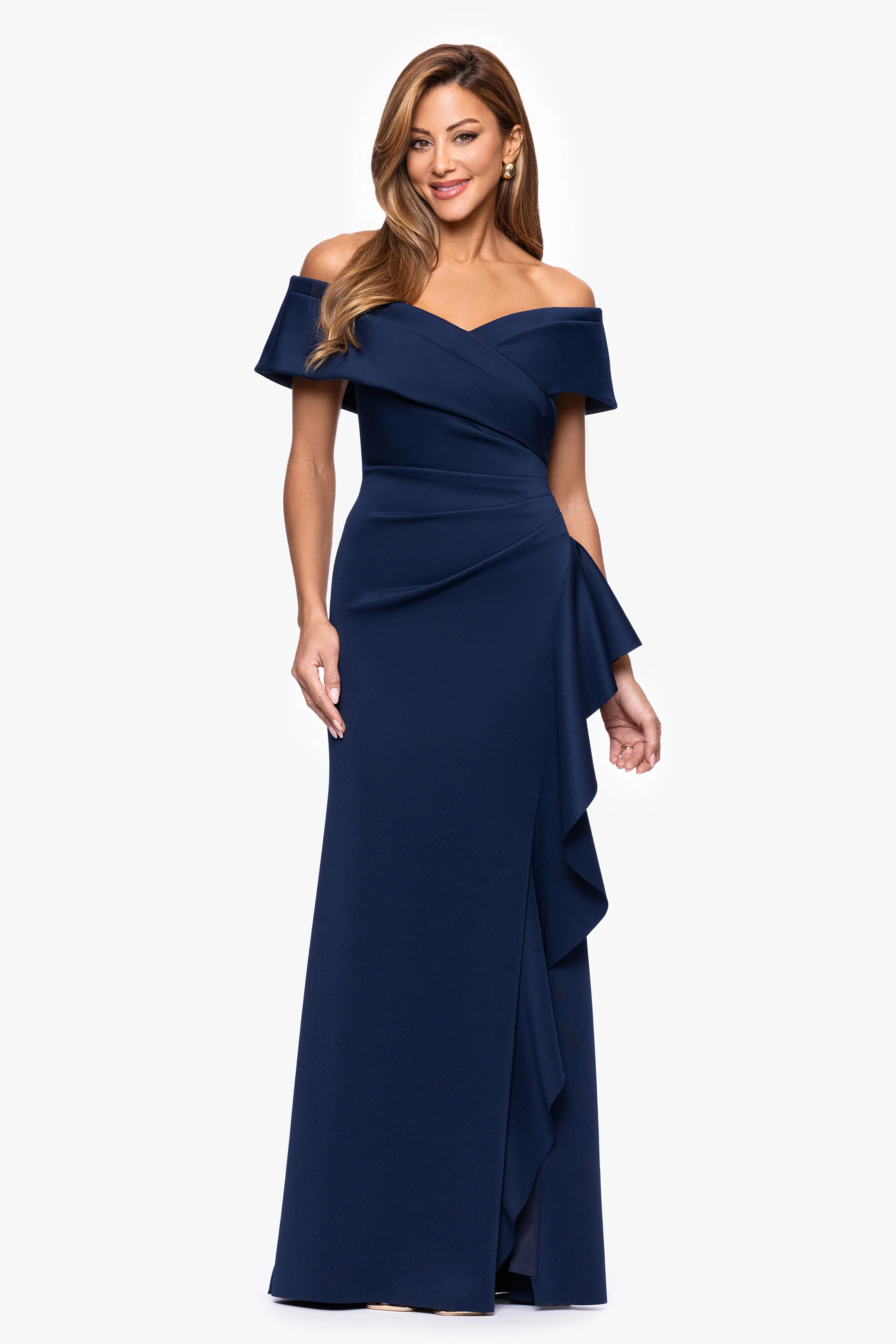 "Pearl" Techno Scuba Off the Shoulder Ruffle Floor Length Dress - Image 22