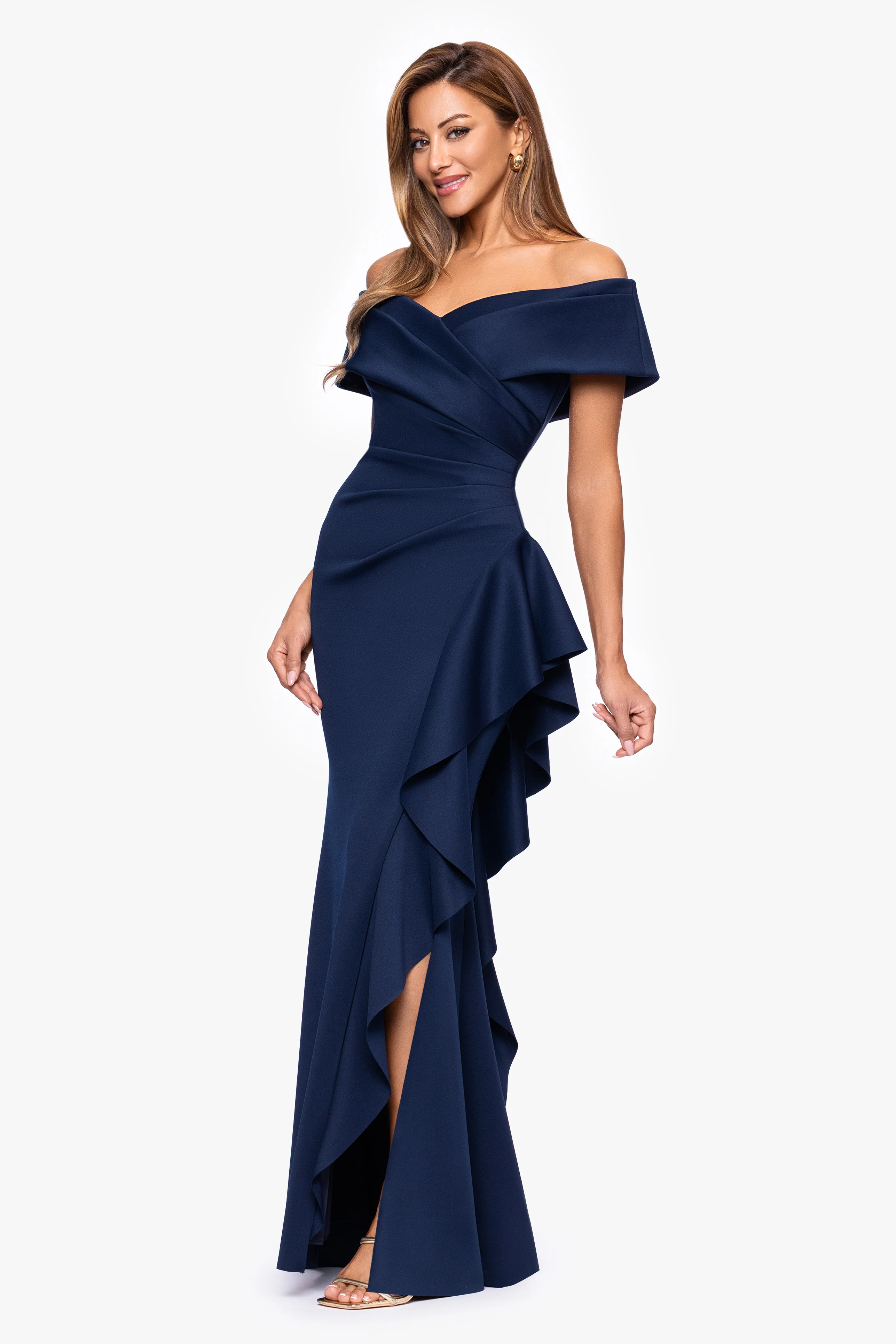 "Pearl" Techno Scuba Off the Shoulder Ruffle Floor Length Dress - Image 25