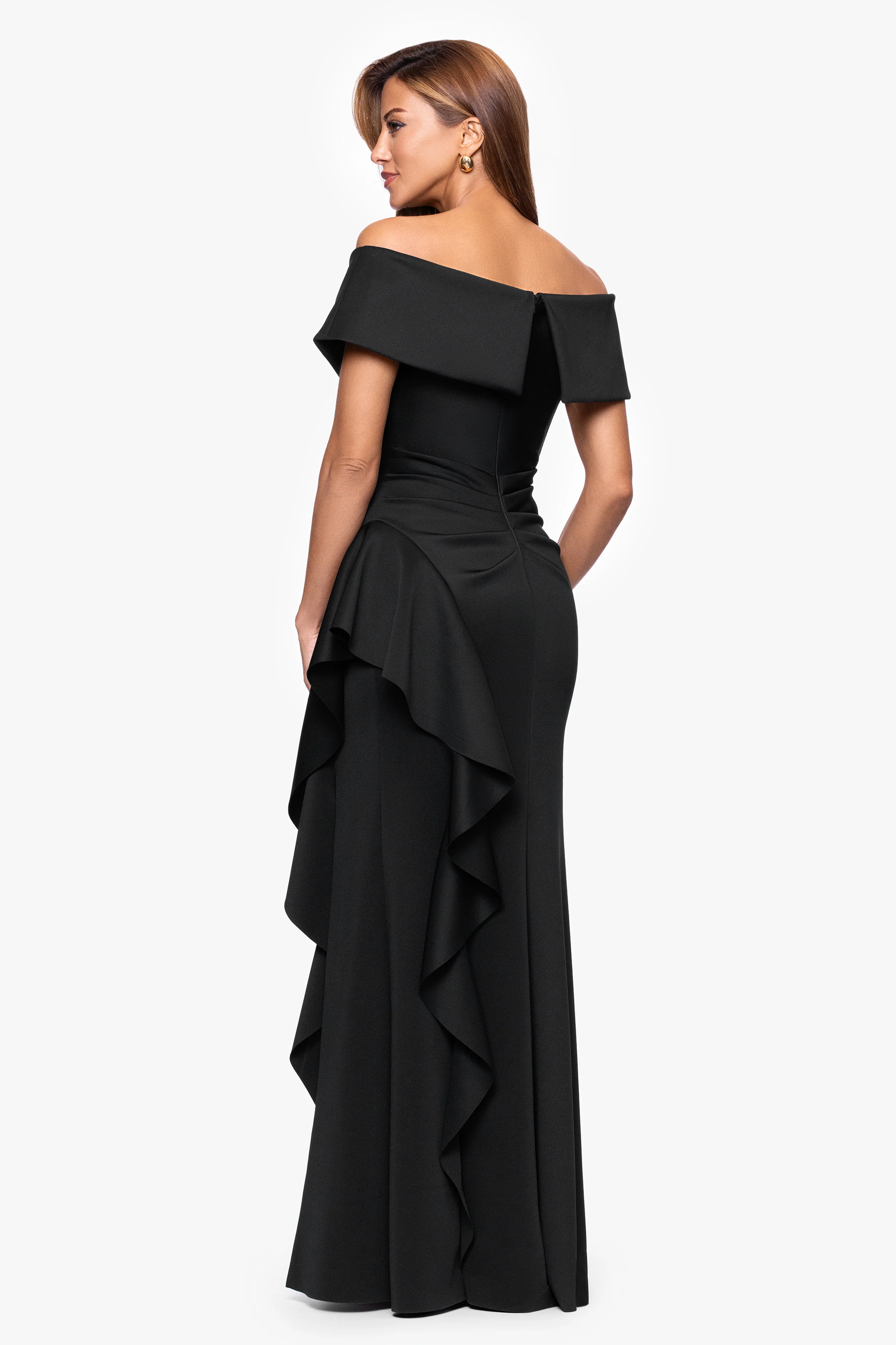 "Pearl" Techno Scuba Off the Shoulder Ruffle Floor Length Dress - Image 3