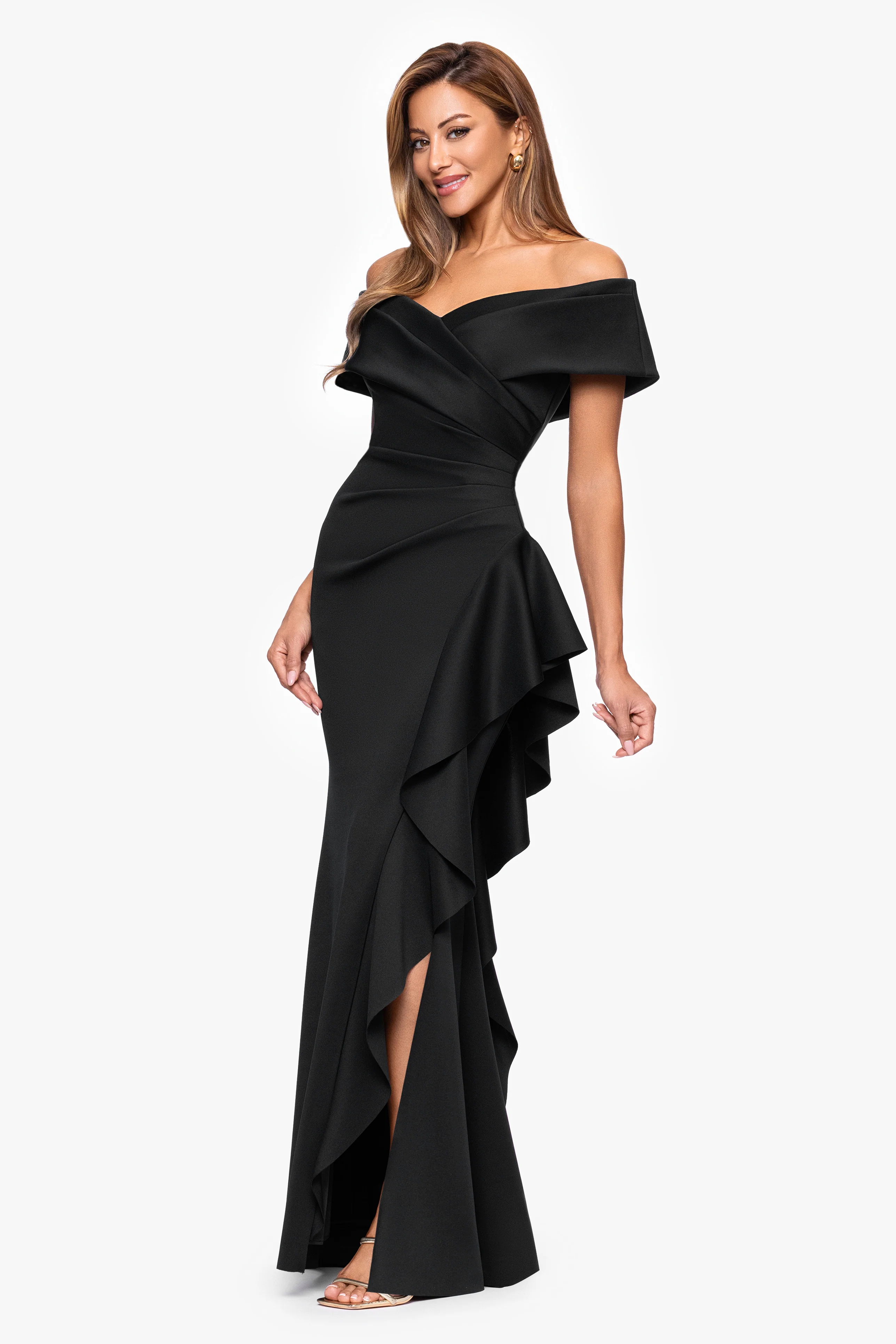 "Pearl" Techno Scuba Off the Shoulder Ruffle Floor Length Dress - Image 4