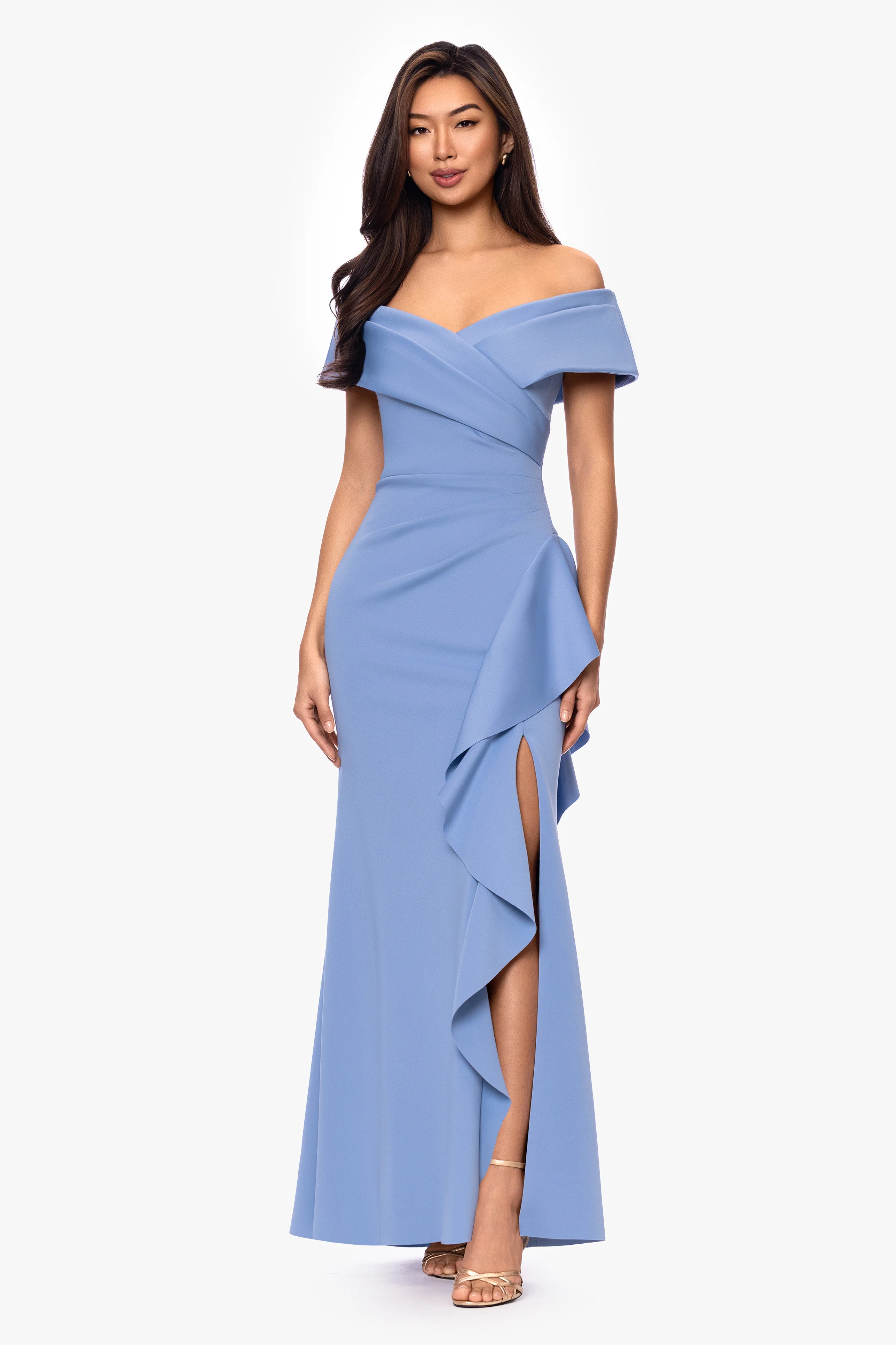 "Pearl" Techno Scuba Off the Shoulder Ruffle Floor Length Dress - Image 5