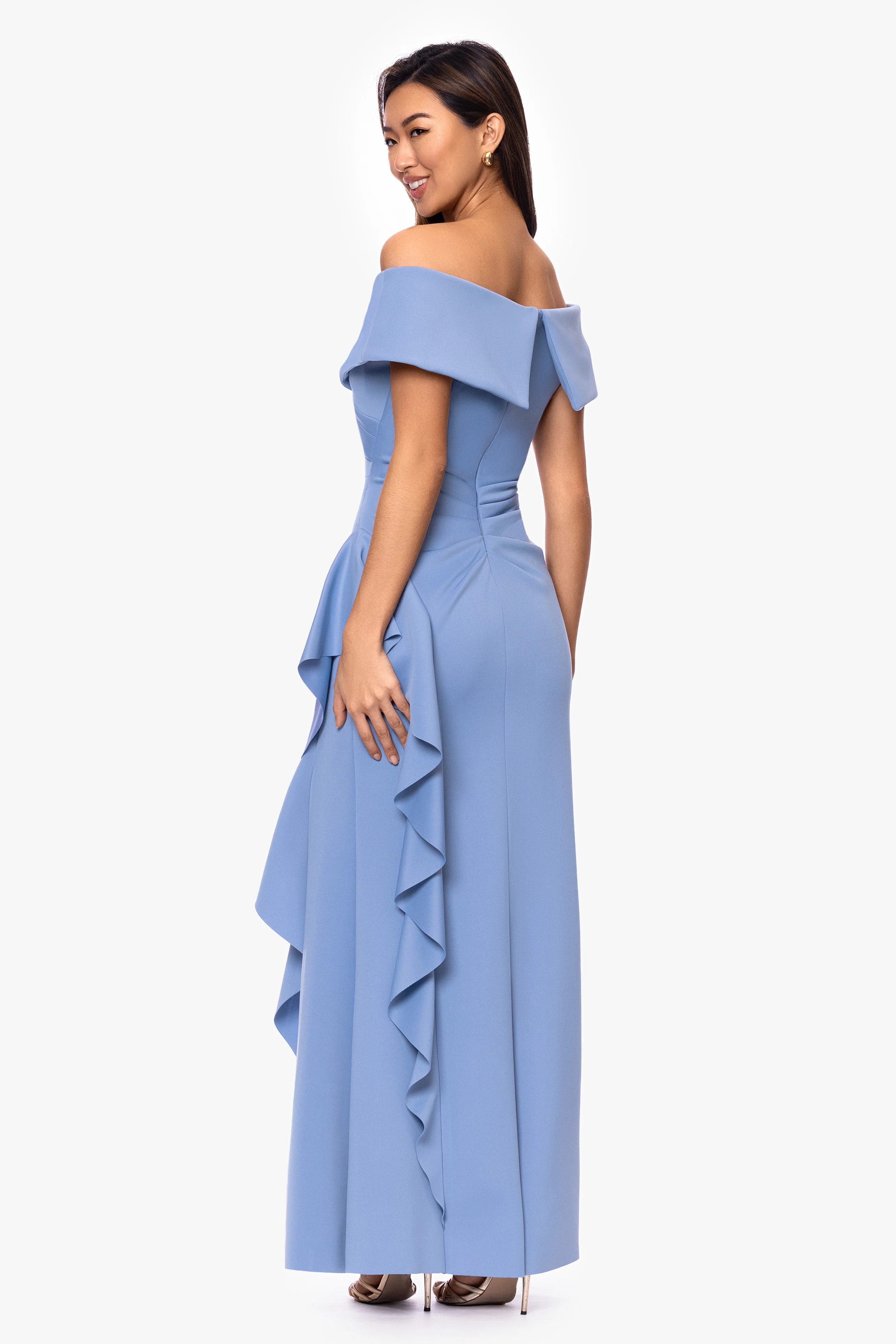 "Pearl" Techno Scuba Off the Shoulder Ruffle Floor Length Dress - Image 7