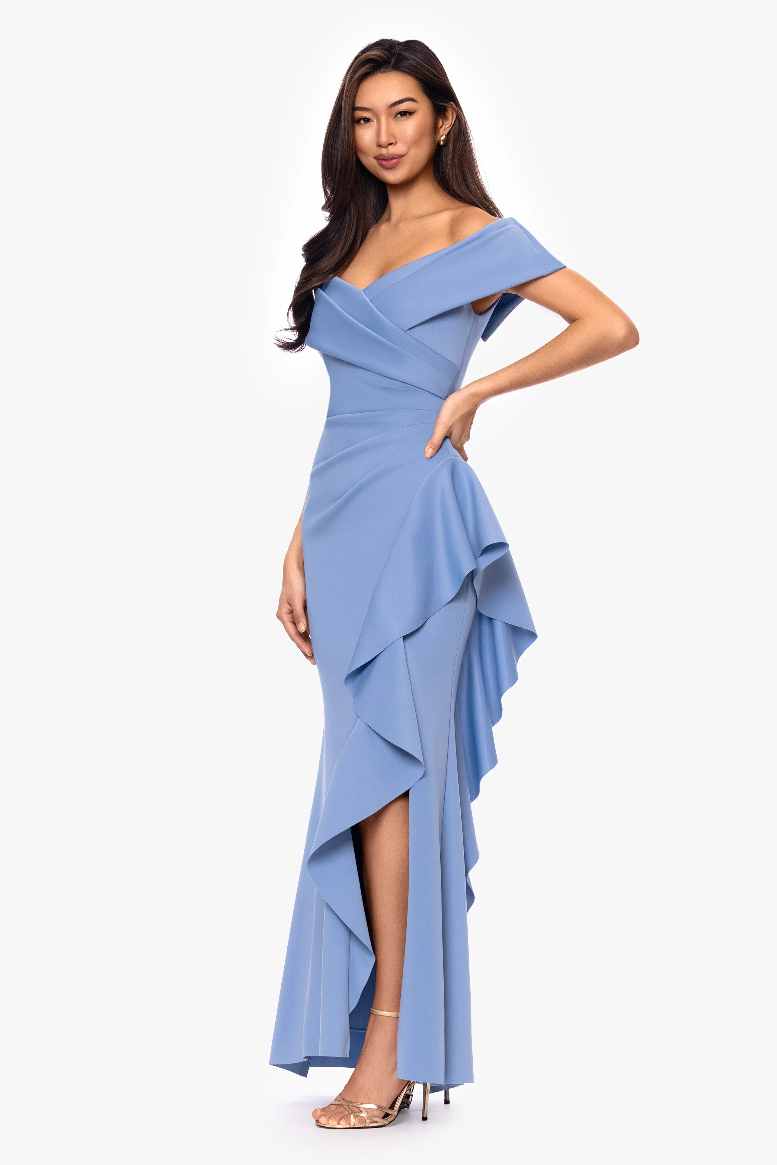 "Pearl" Techno Scuba Off the Shoulder Ruffle Floor Length Dress - Image 8