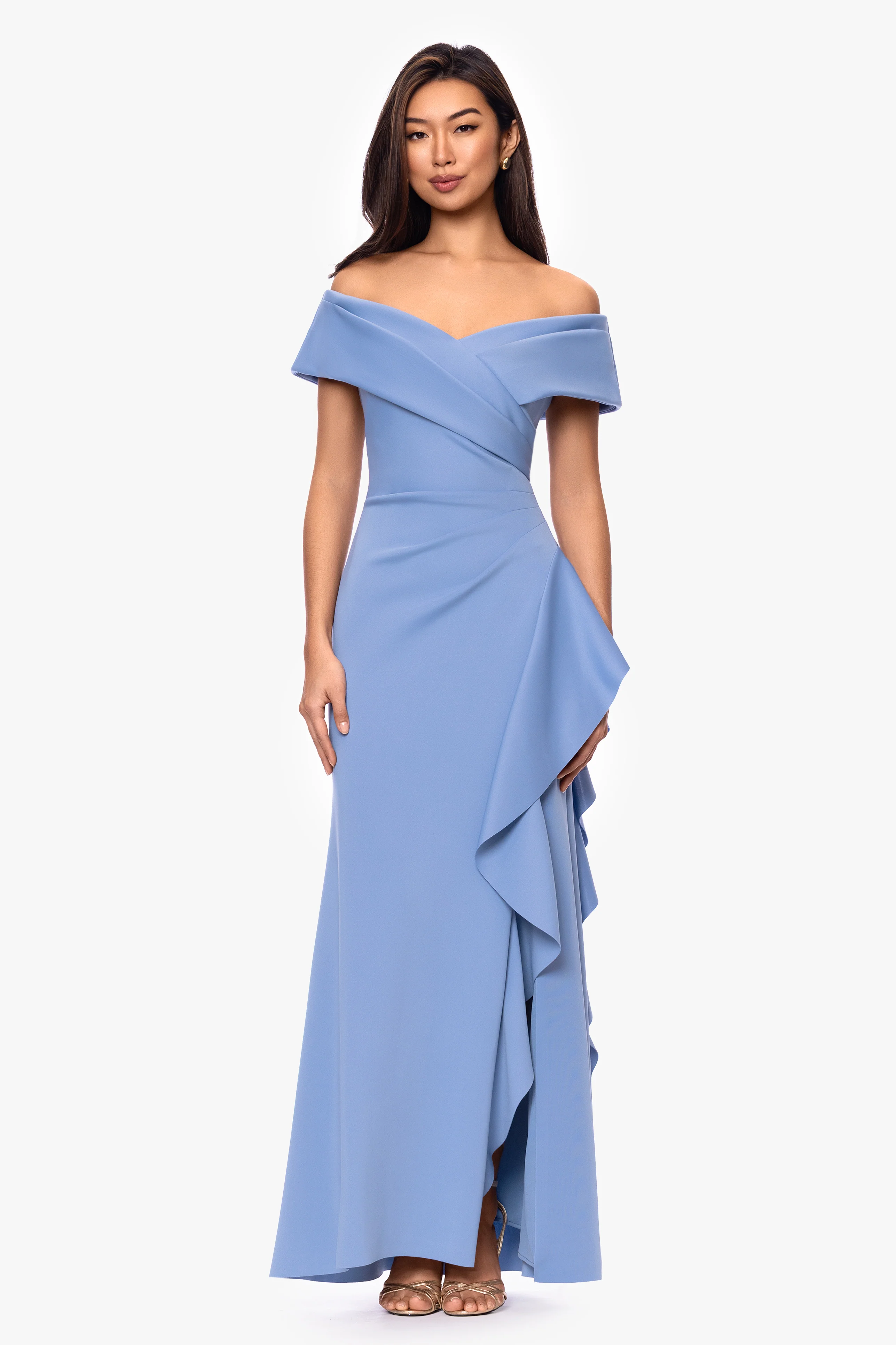 "Pearl" Techno Scuba Off the Shoulder Ruffle Floor Length Dress - Image 9