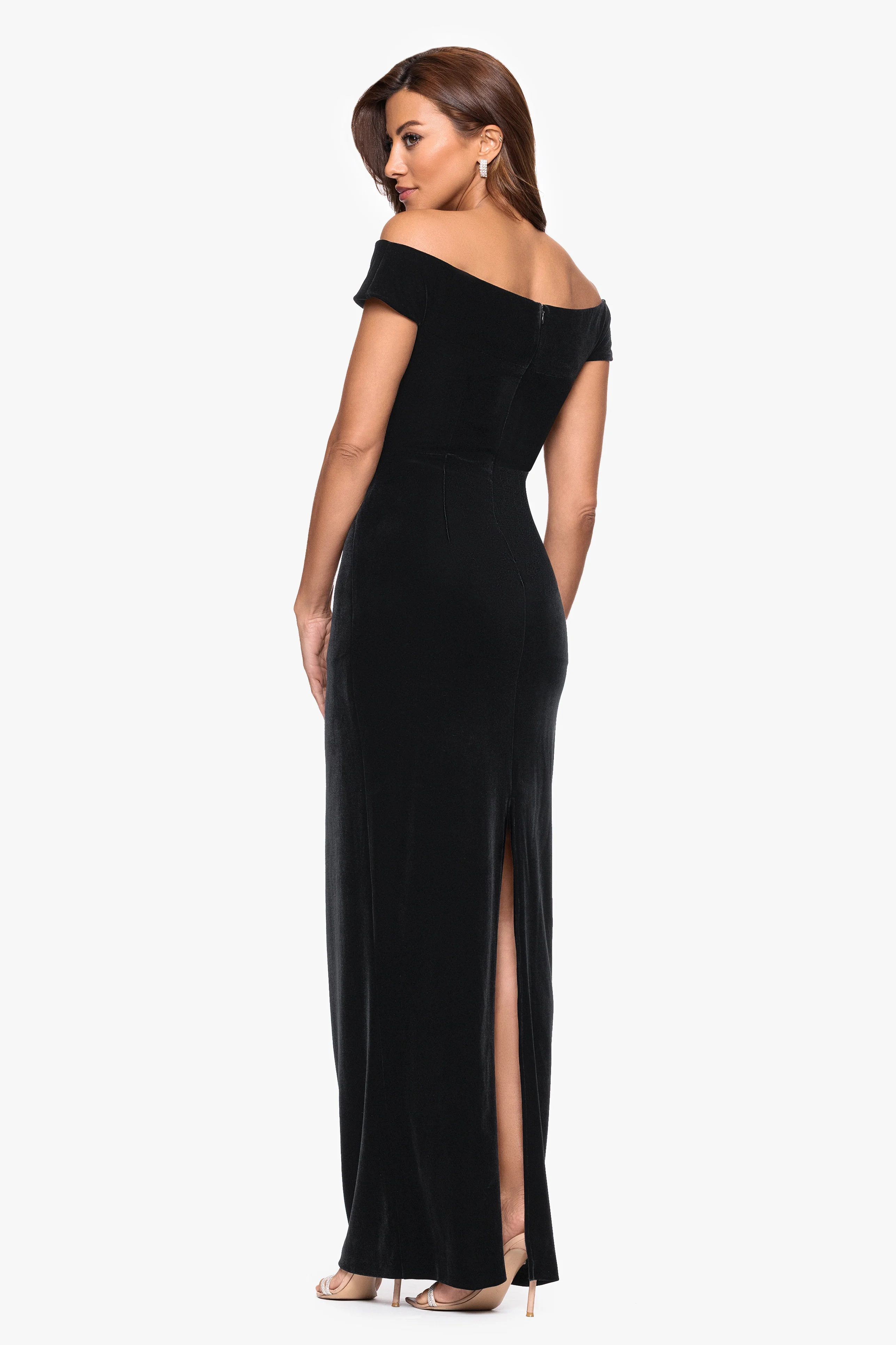 Petite "Agatha" Velvet Off the Shoulder Rouched Waist Floor Length Dress - Image 3