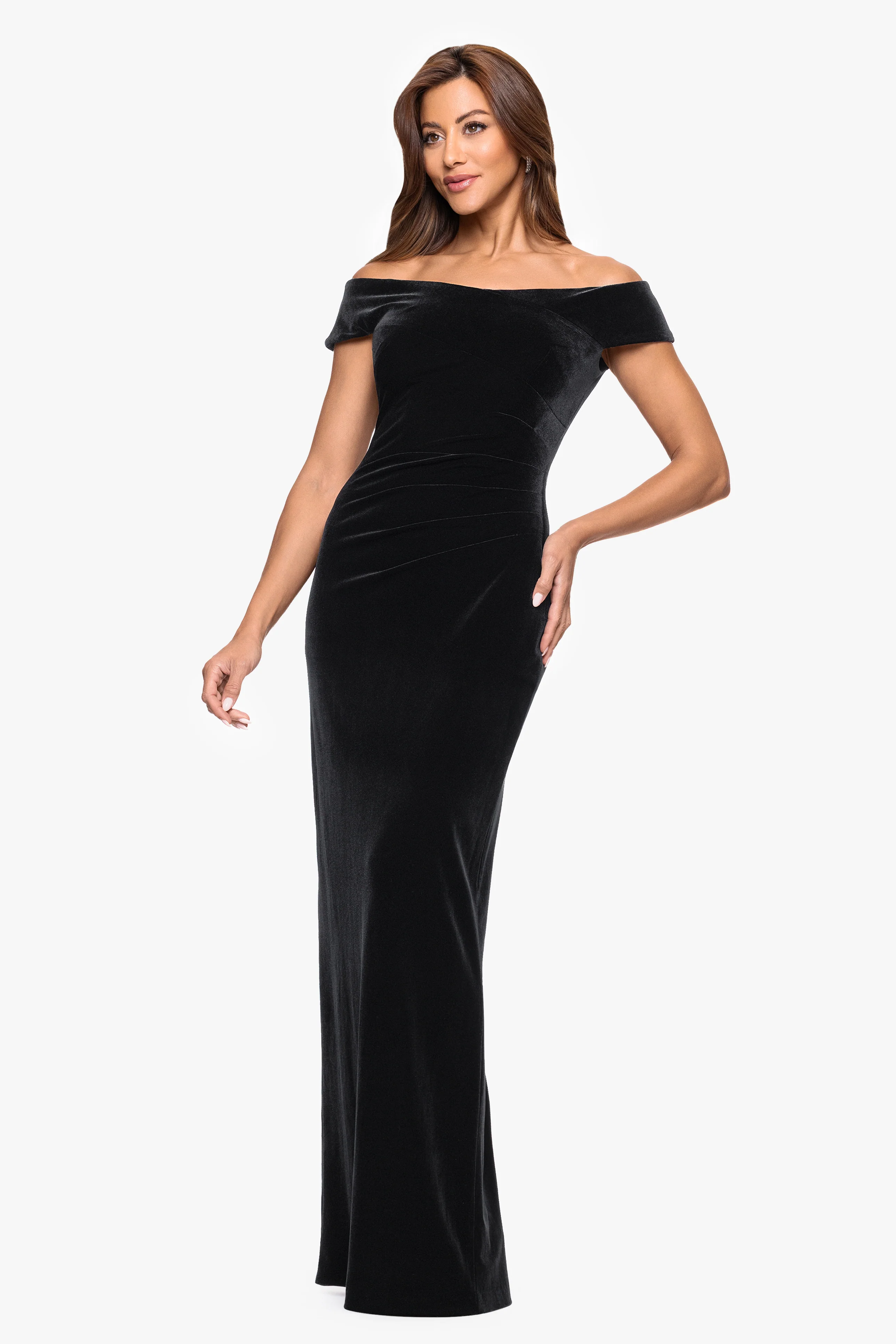 Petite "Agatha" Velvet Off the Shoulder Rouched Waist Floor Length Dress - Image 4