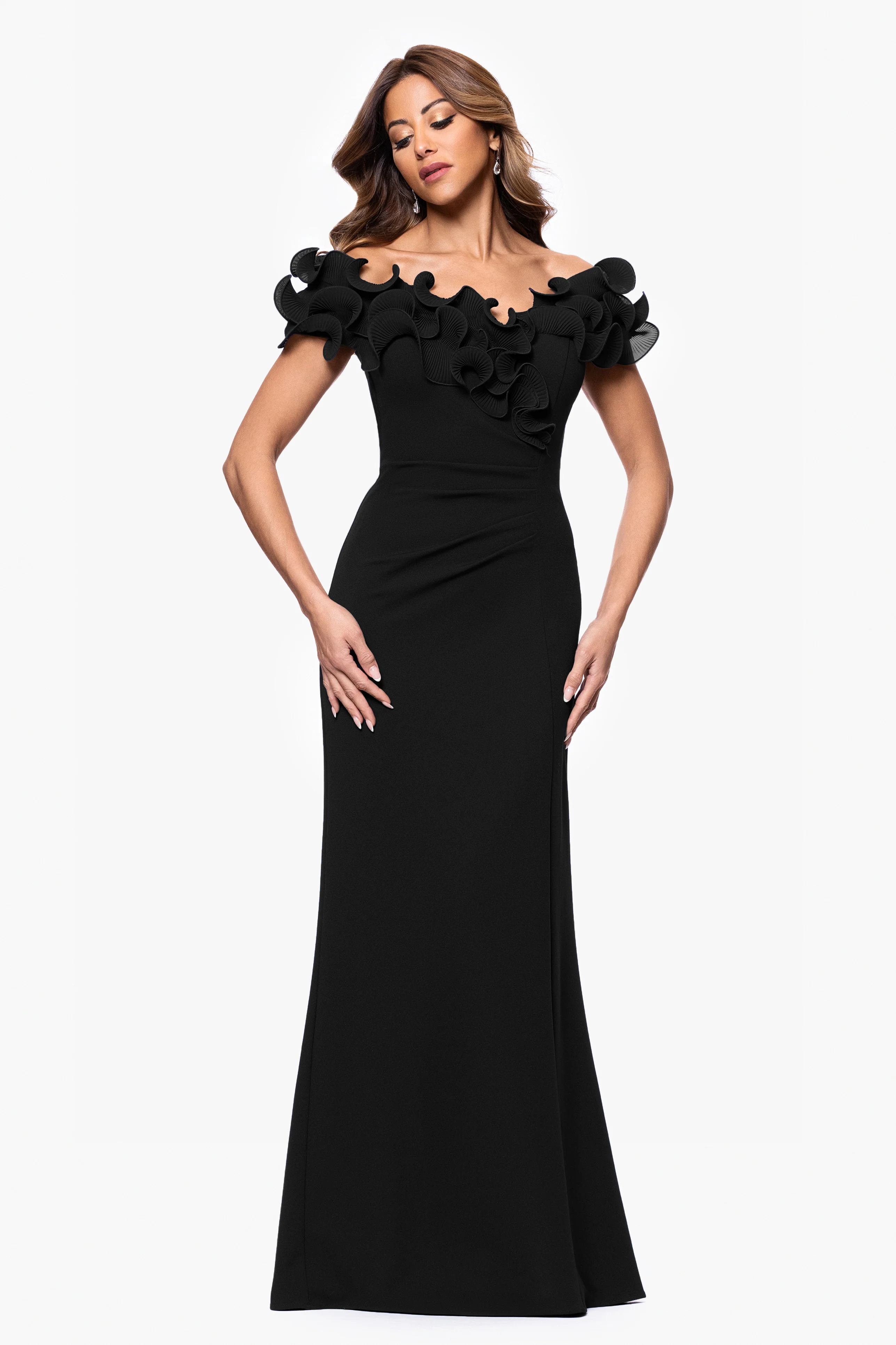 "Anya" Scuba Crepe Off the Shoulder Chiffon Ruffle Neckline Floor Length Dress - Image 5