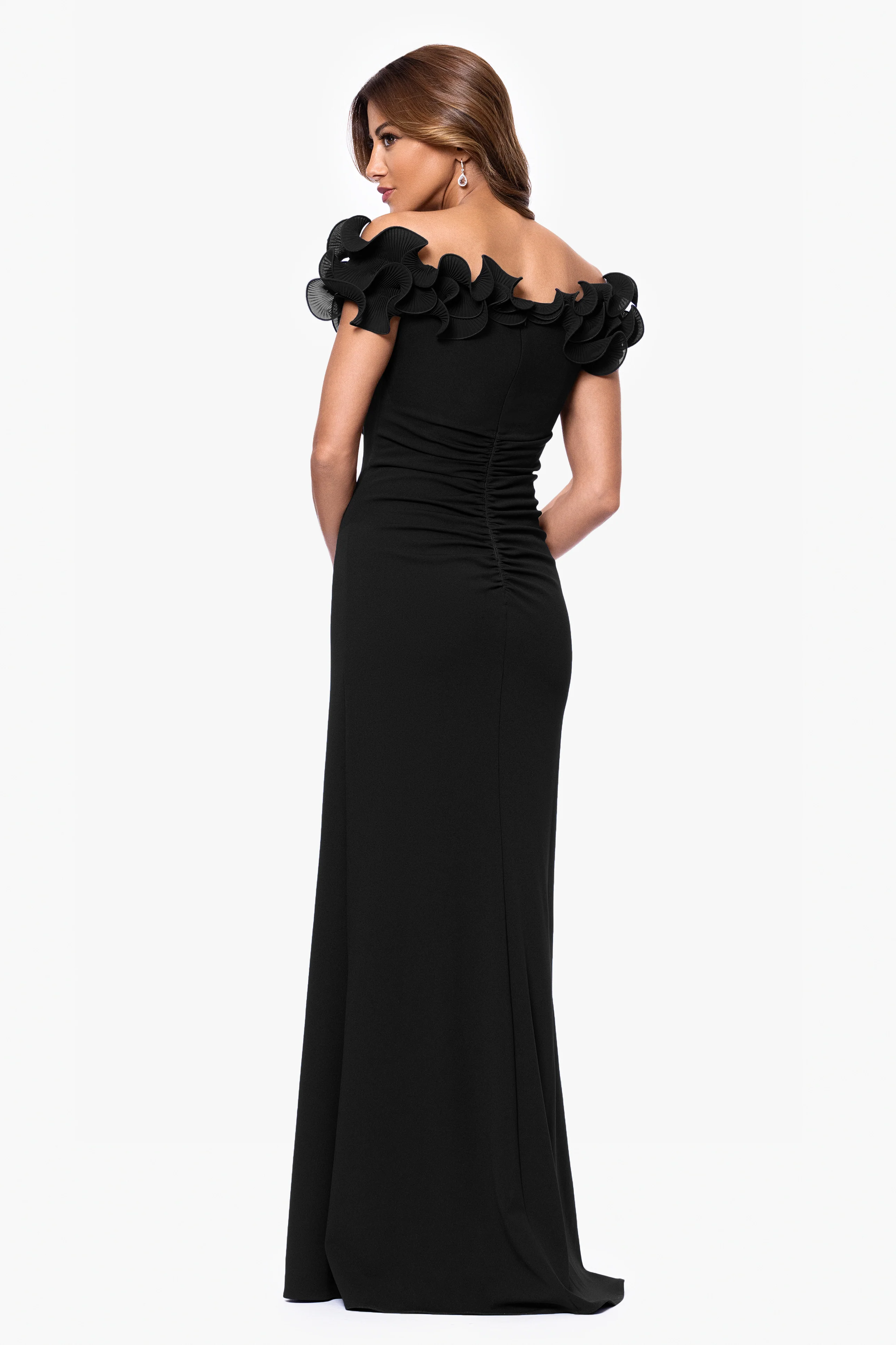"Anya" Scuba Crepe Off the Shoulder Chiffon Ruffle Neckline Floor Length Dress - Image 7