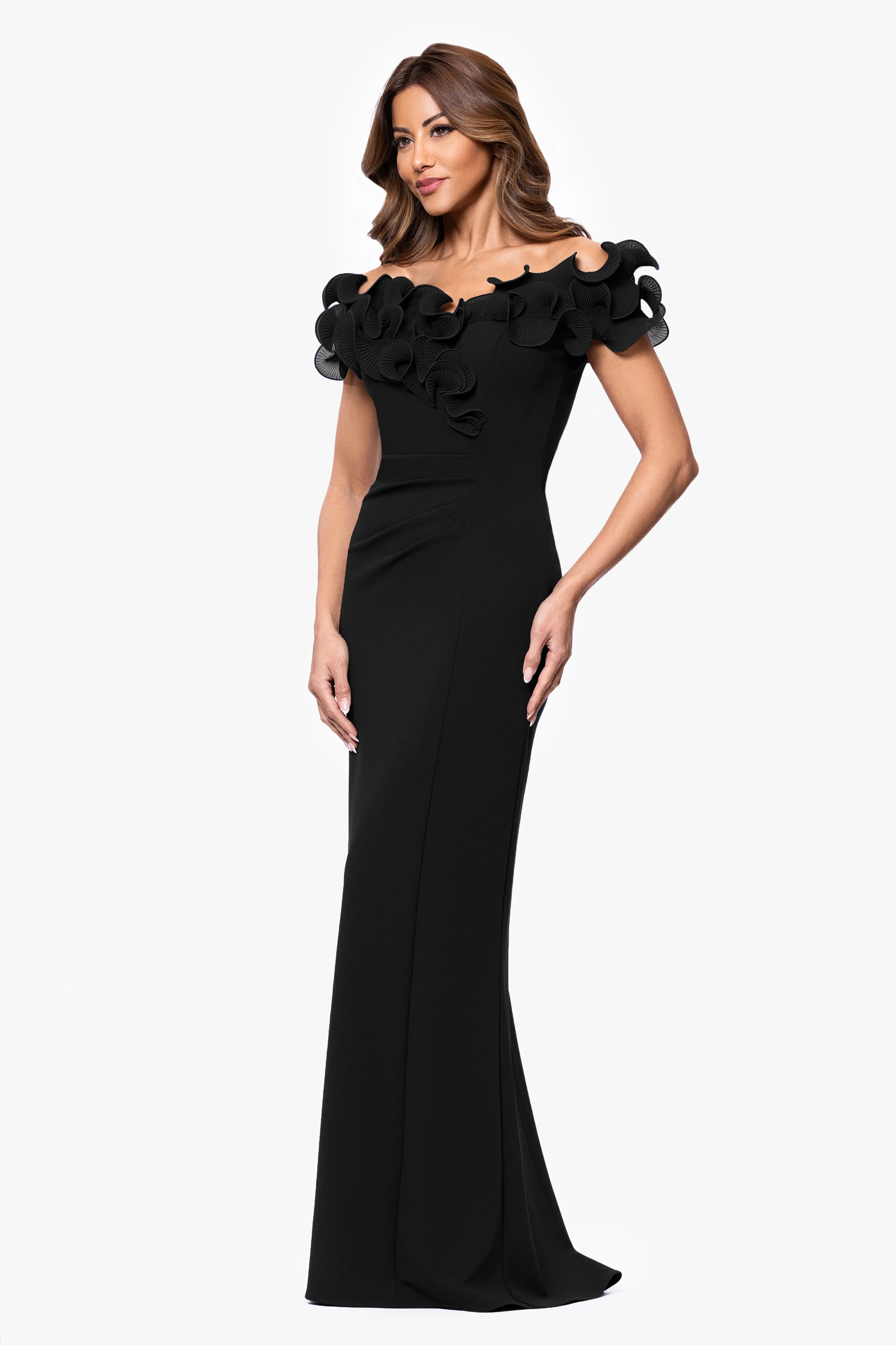 "Anya" Scuba Crepe Off the Shoulder Chiffon Ruffle Neckline Floor Length Dress - Image 8