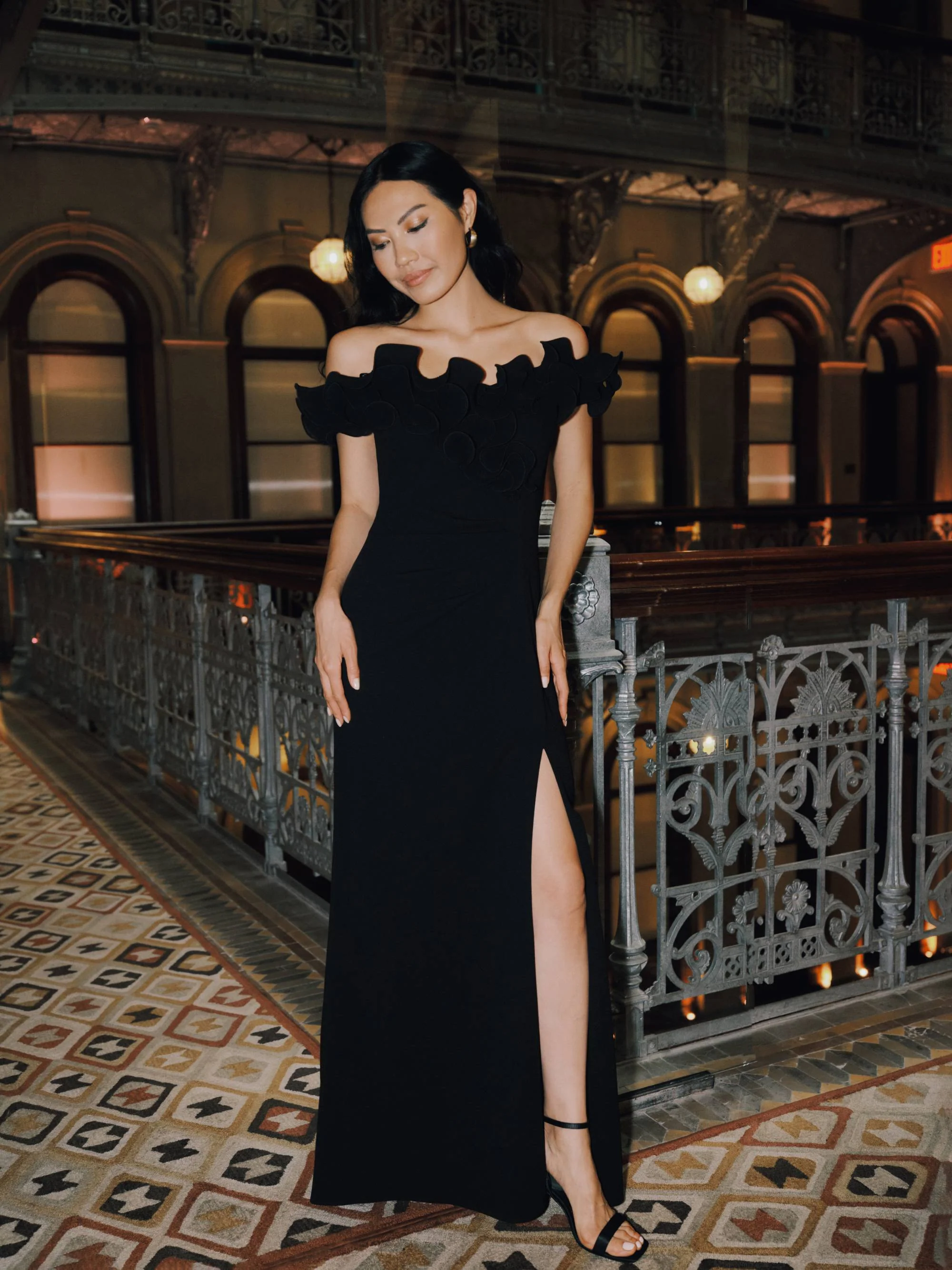 Petite "Anya" Scuba Crepe Off the Shoulder Chiffon Ruffle Neckline Floor Length Dress - Image 5