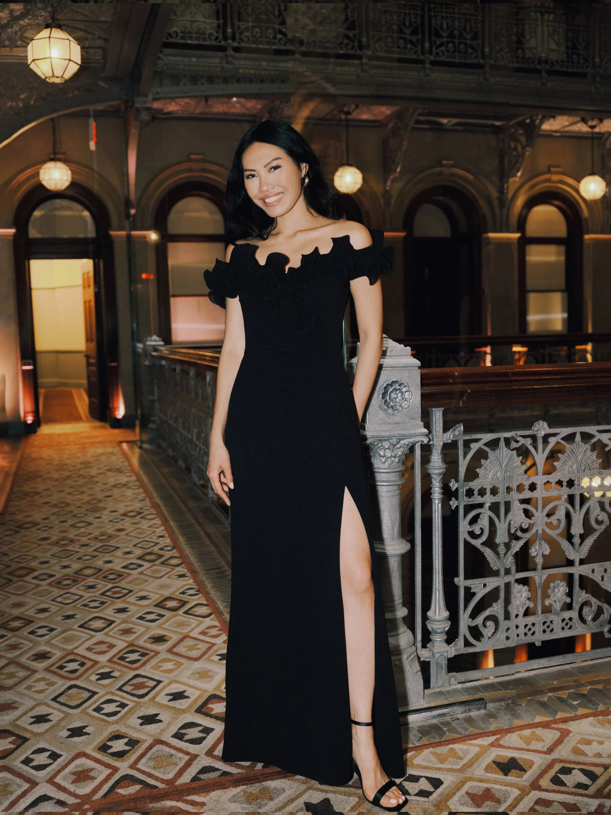Petite "Anya" Scuba Crepe Off the Shoulder Chiffon Ruffle Neckline Floor Length Dress - Image 6