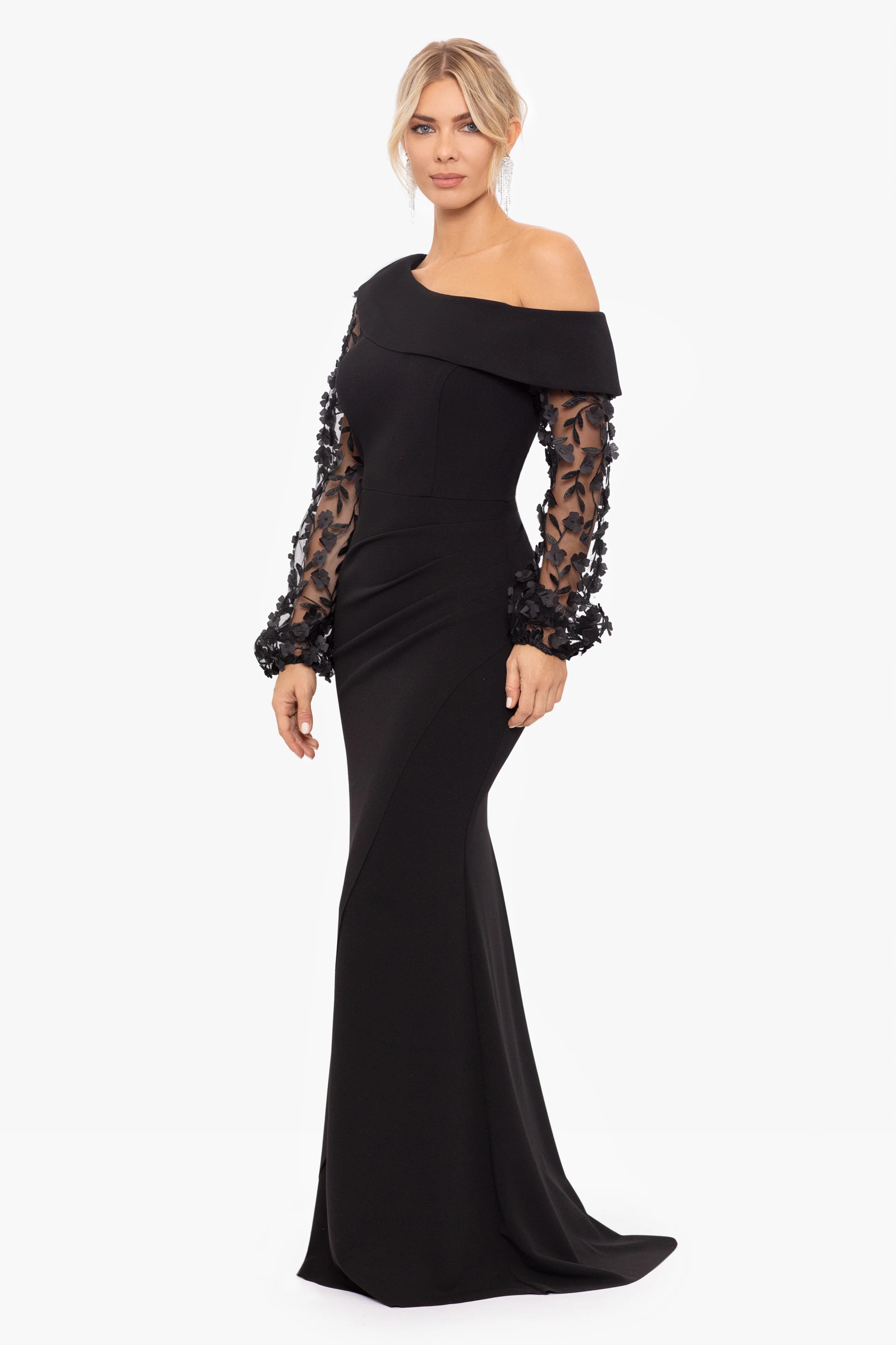 Petite "Ariana" Off the Shoulder Long Sleeve Scuba Crepe Dress - Image 4