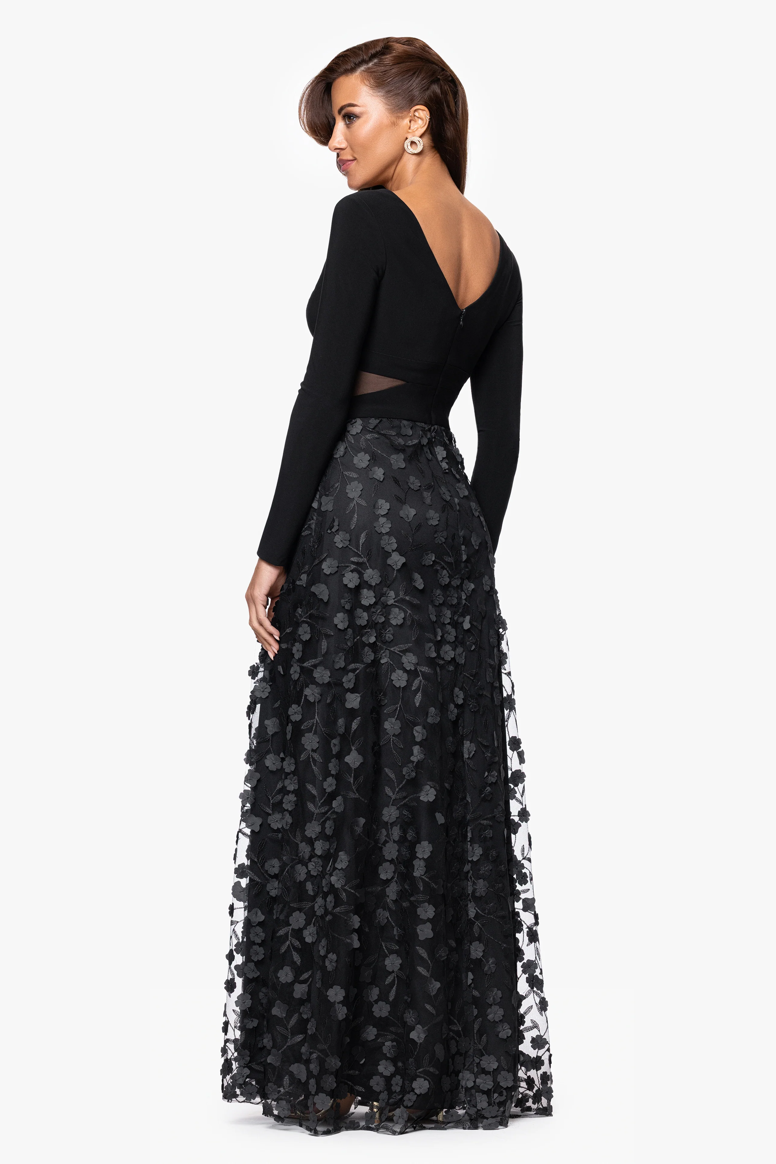 "Aurora" V - Neck Long Sleeve Raised Flower Slit Dress - Image 3