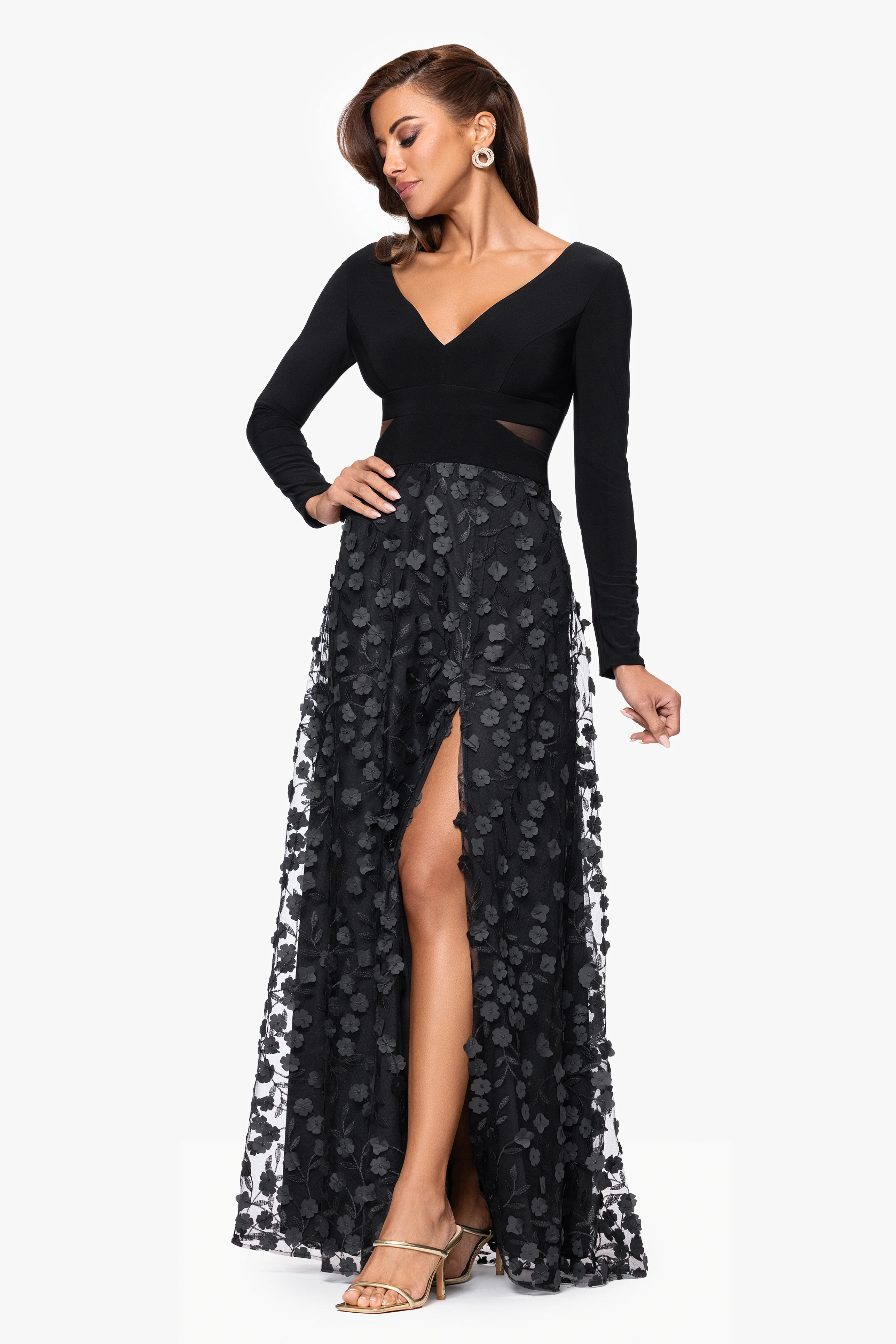 "Aurora" V - Neck Long Sleeve Raised Flower Slit Dress - Image 4
