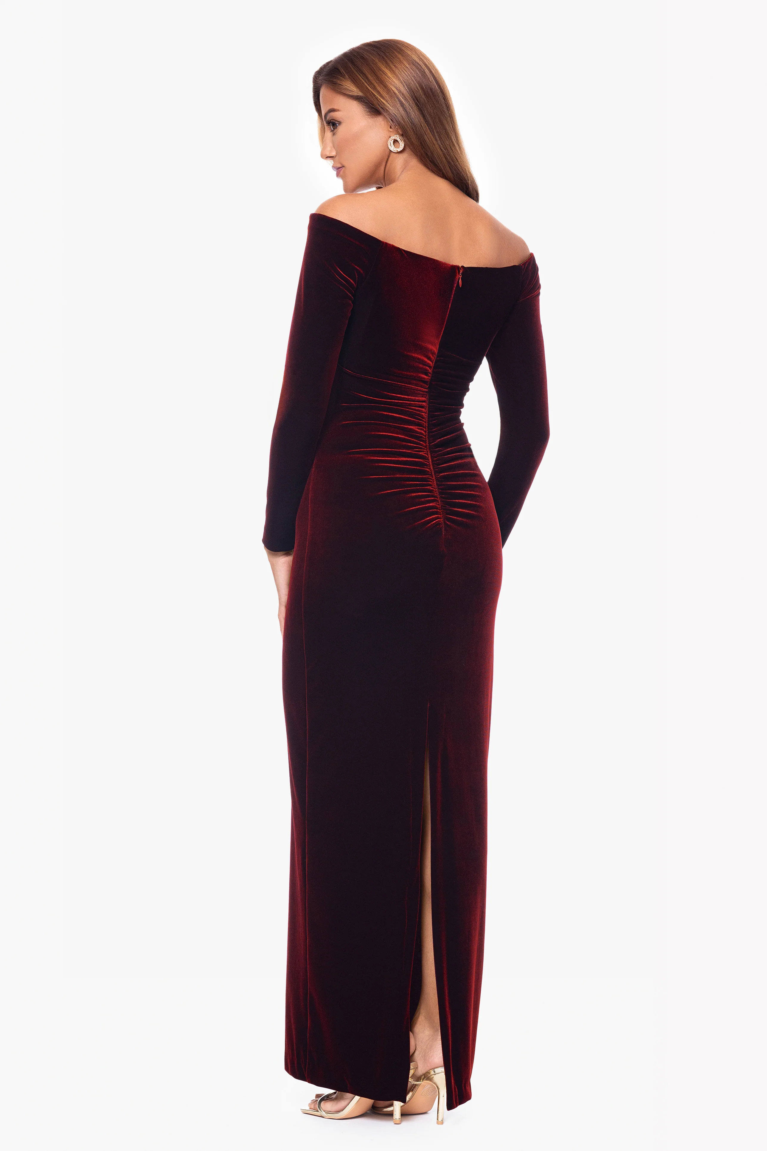 Petite "Christy" Long Off the Shoulder Velvet Dress - Image 3