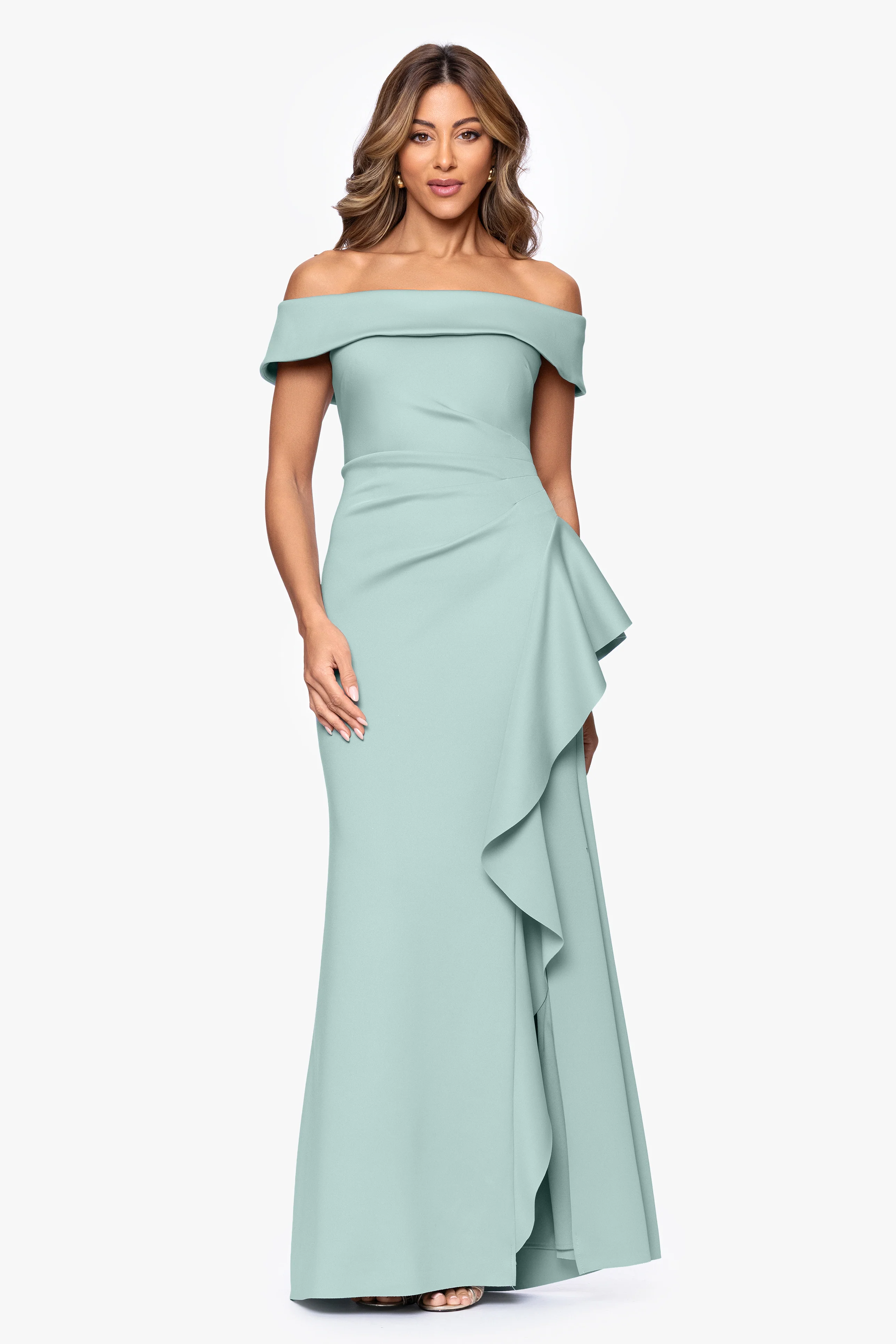 Petite "Dolly" Techno Scuba Off the Shoulder Ruffle Floor Length Dress - Image 10