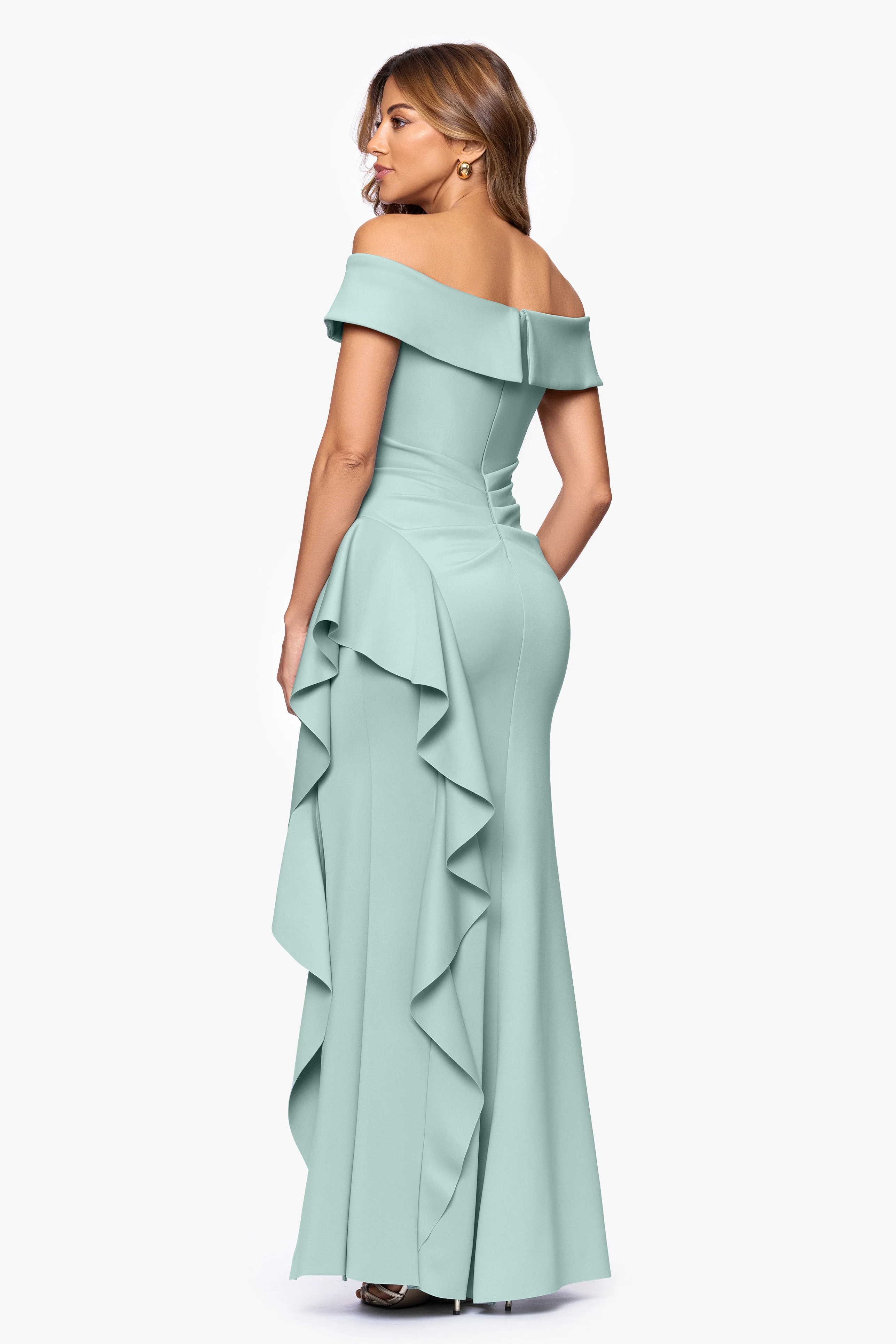 Petite "Dolly" Techno Scuba Off the Shoulder Ruffle Floor Length Dress - Image 12
