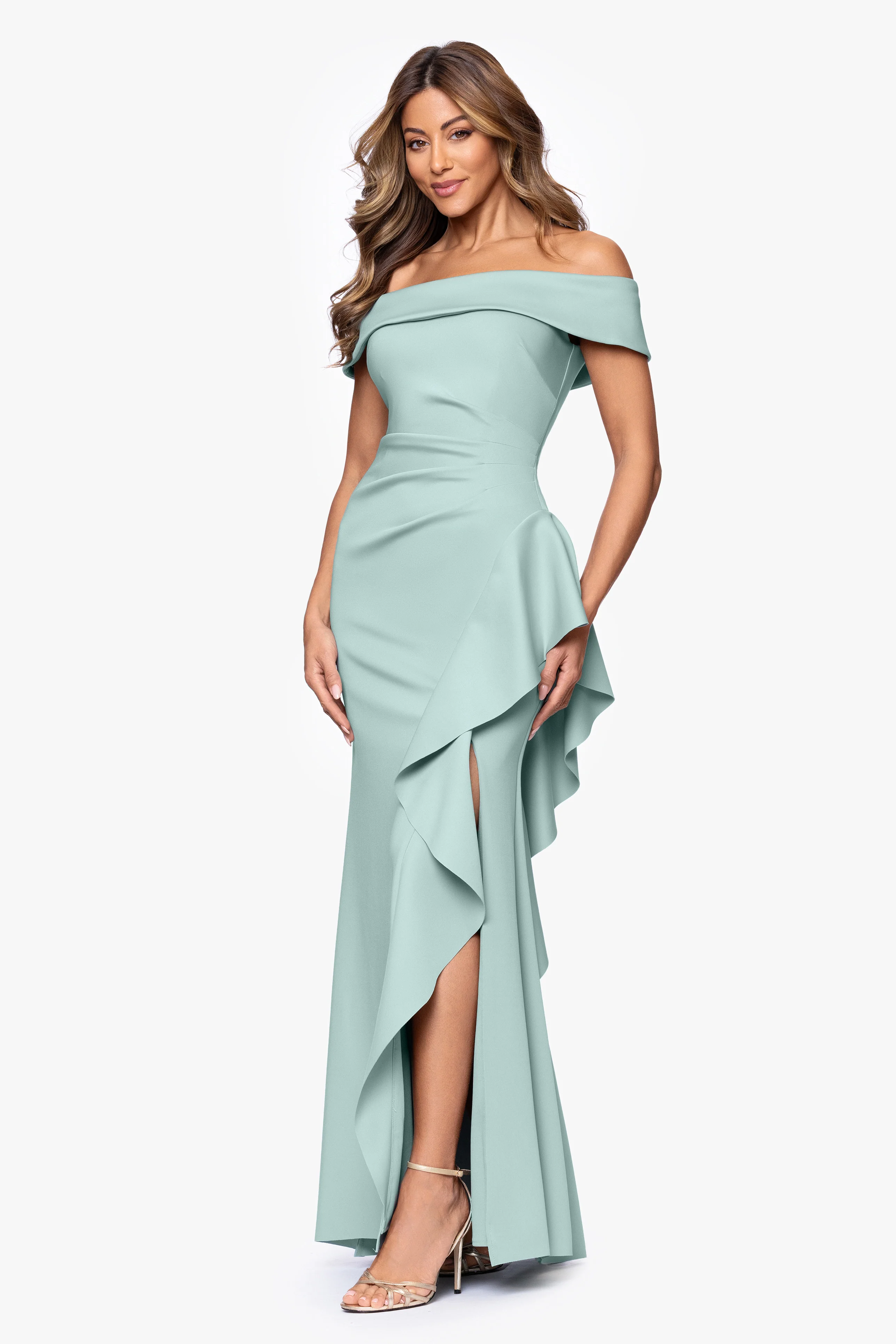 Petite "Dolly" Techno Scuba Off the Shoulder Ruffle Floor Length Dress - Image 13
