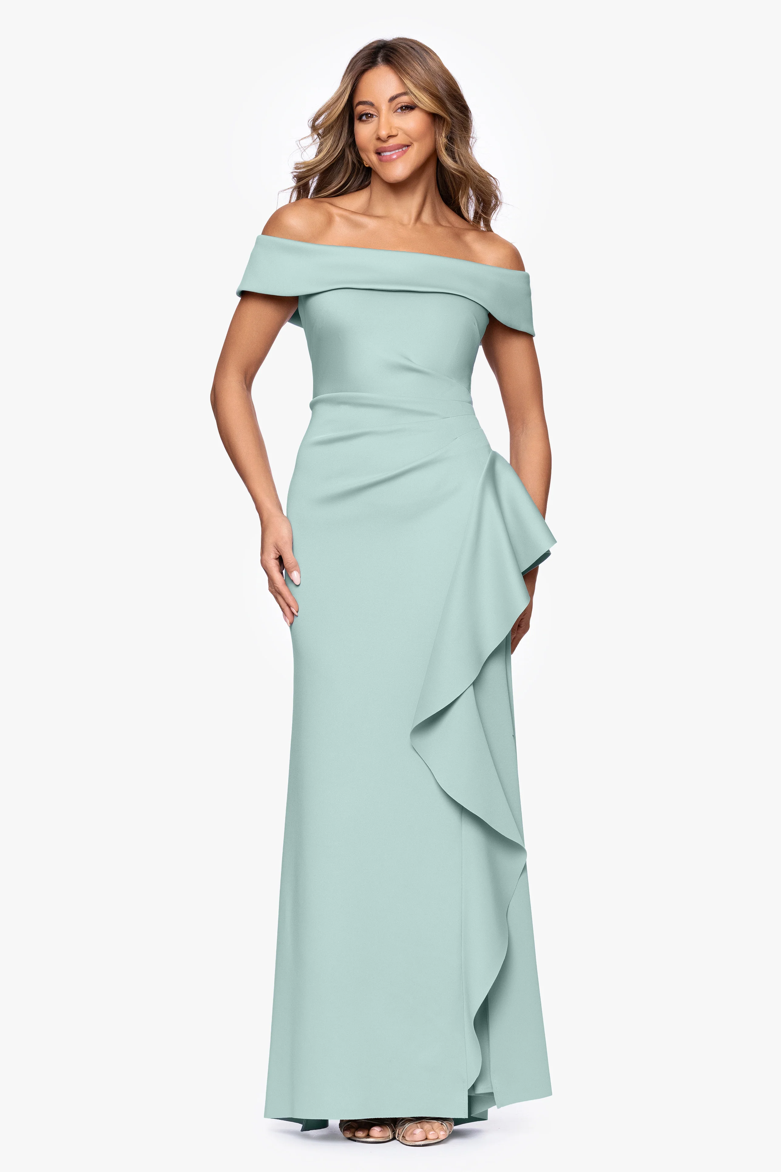 Petite "Dolly" Techno Scuba Off the Shoulder Ruffle Floor Length Dress - Image 14