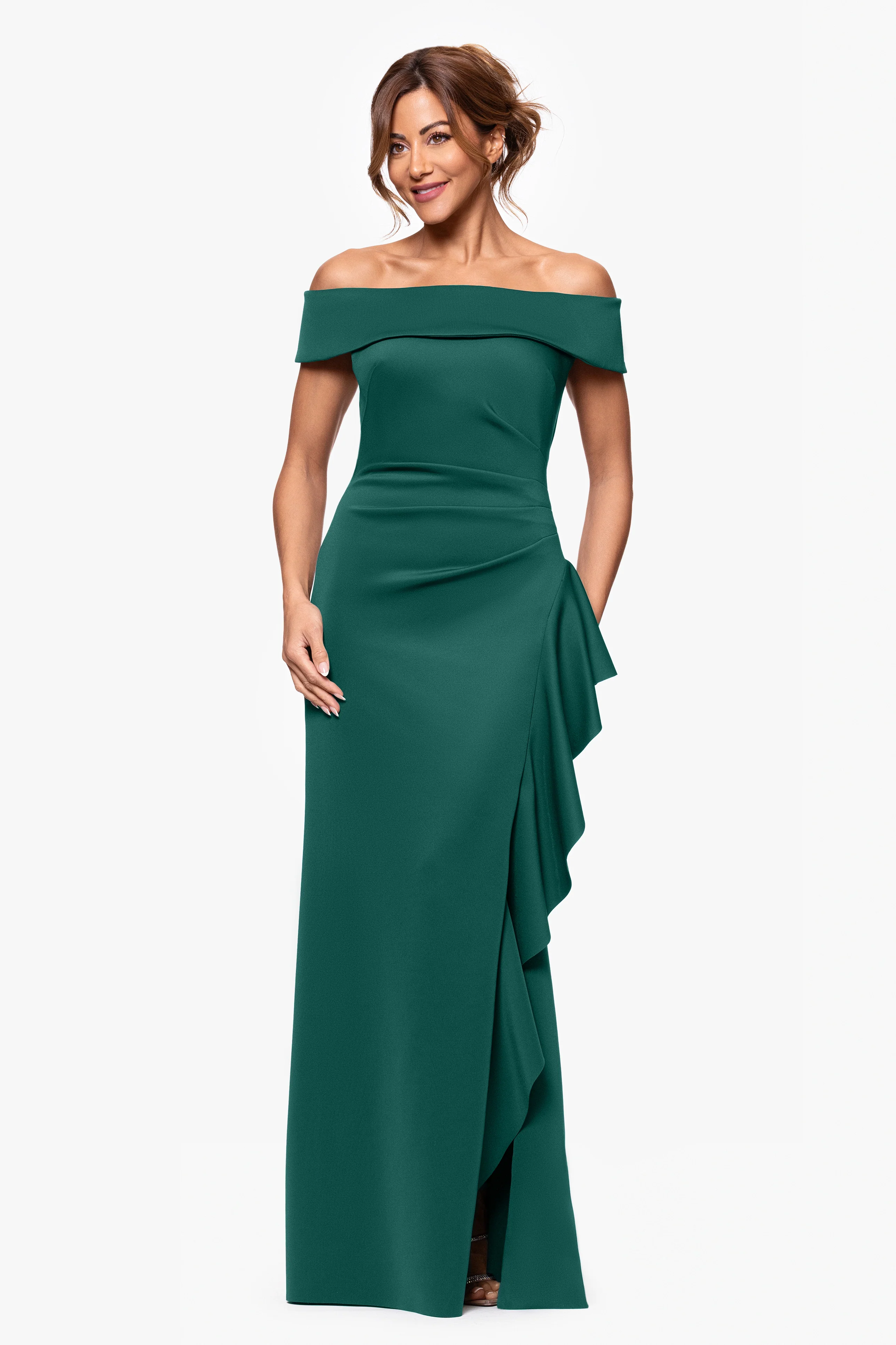 Petite "Dolly" Techno Scuba Off the Shoulder Ruffle Floor Length Dress - Image 16
