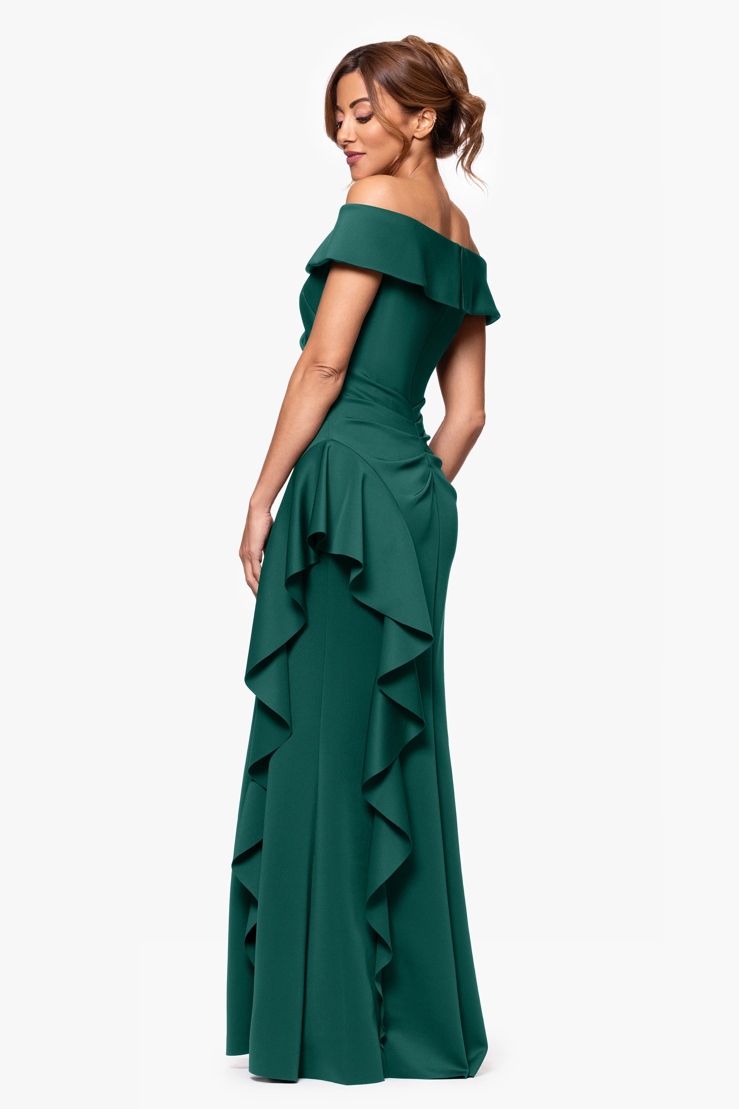 Petite "Dolly" Techno Scuba Off the Shoulder Ruffle Floor Length Dress - Image 18