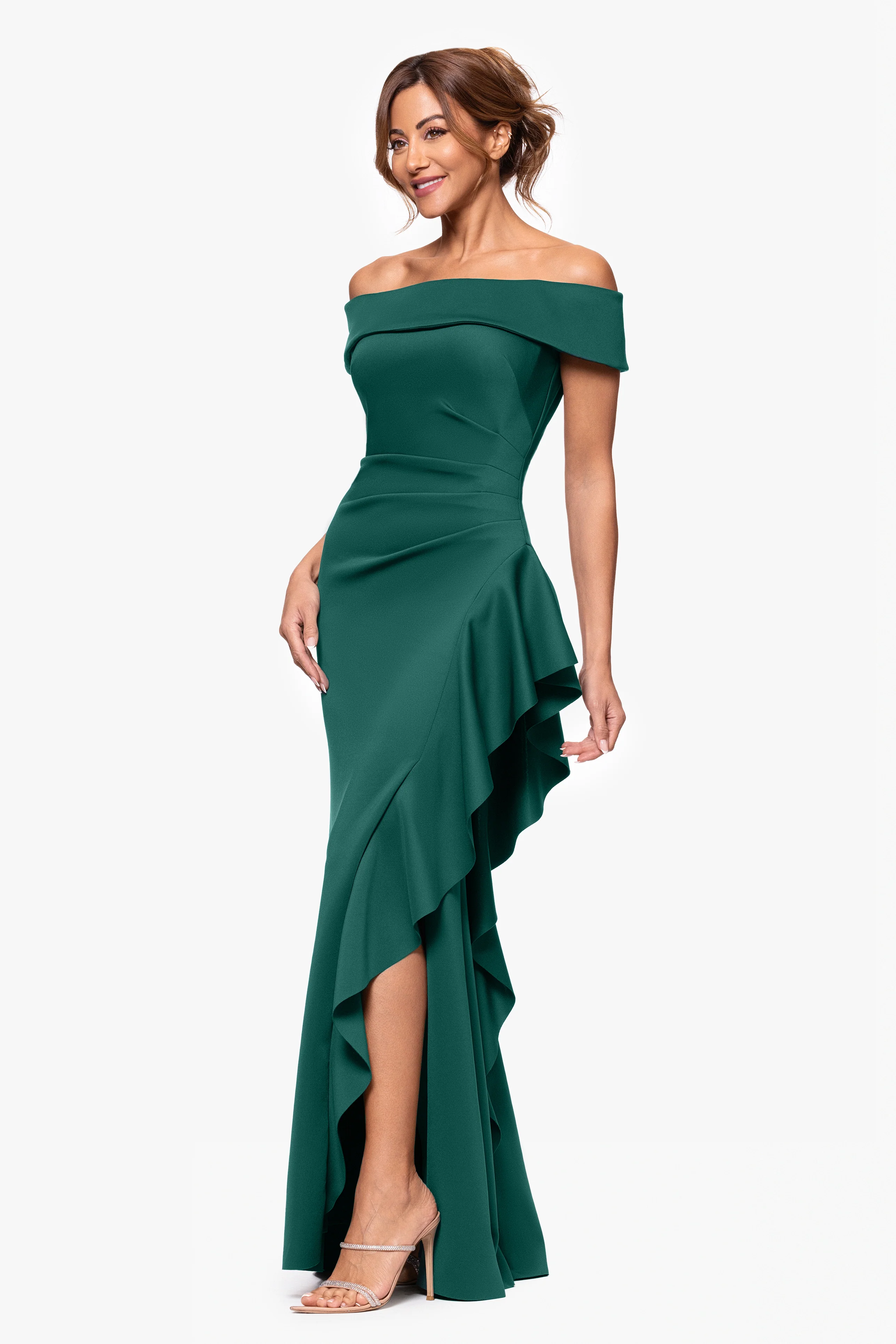 Petite "Dolly" Techno Scuba Off the Shoulder Ruffle Floor Length Dress - Image 19