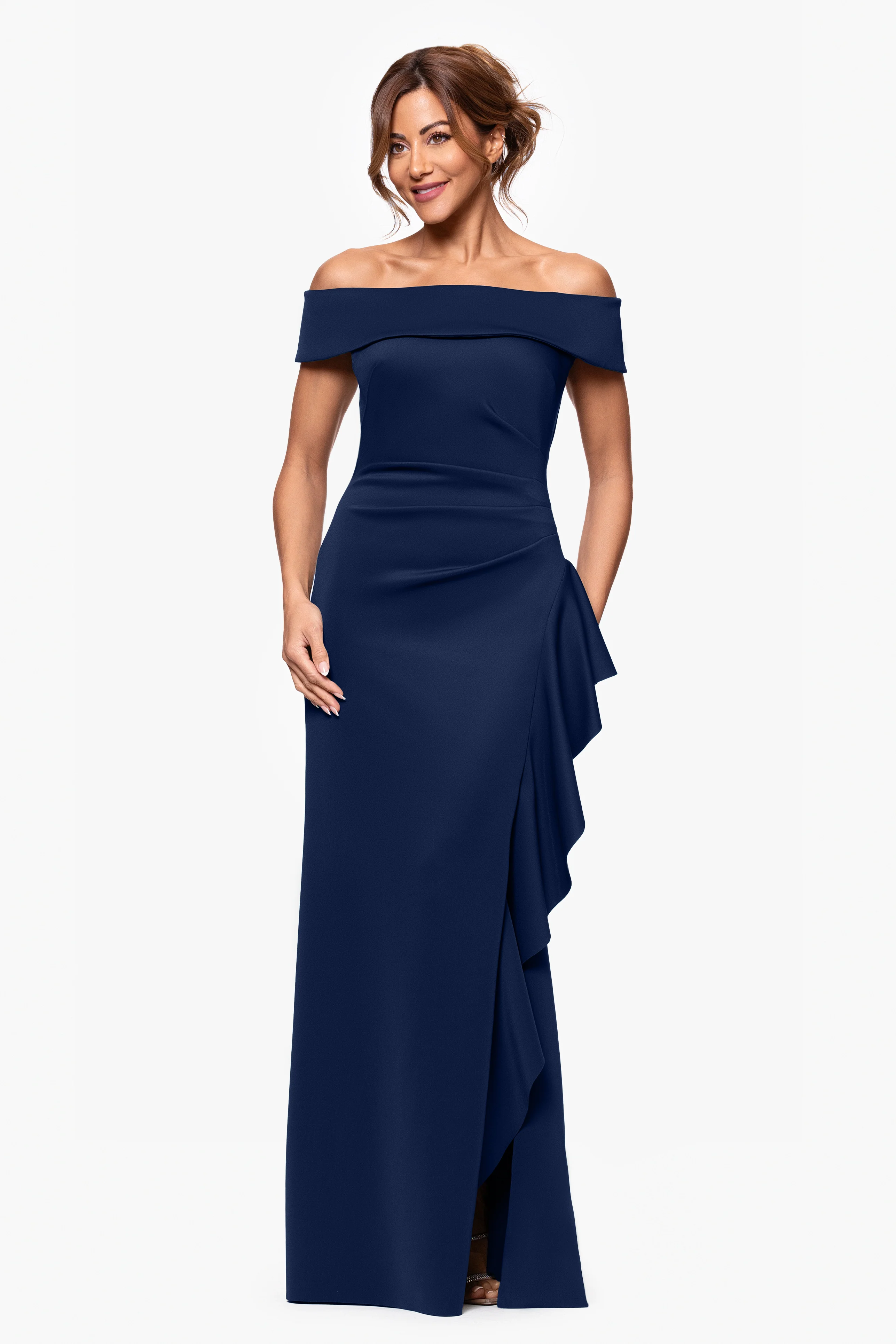 Petite "Dolly" Techno Scuba Off the Shoulder Ruffle Floor Length Dress - Image 21