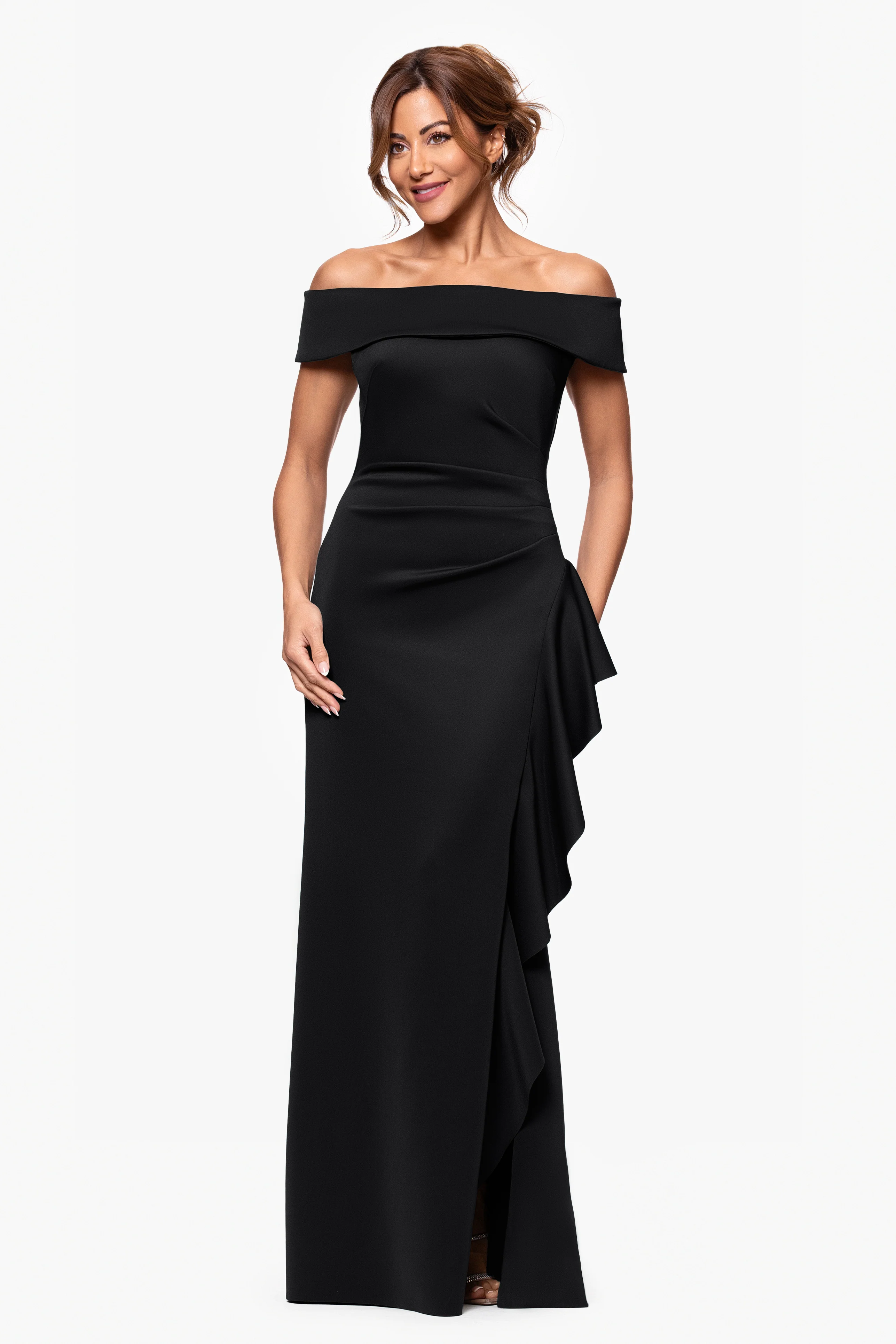 Petite "Dolly" Techno Scuba Off the Shoulder Ruffle Floor Length Dress - Image 4