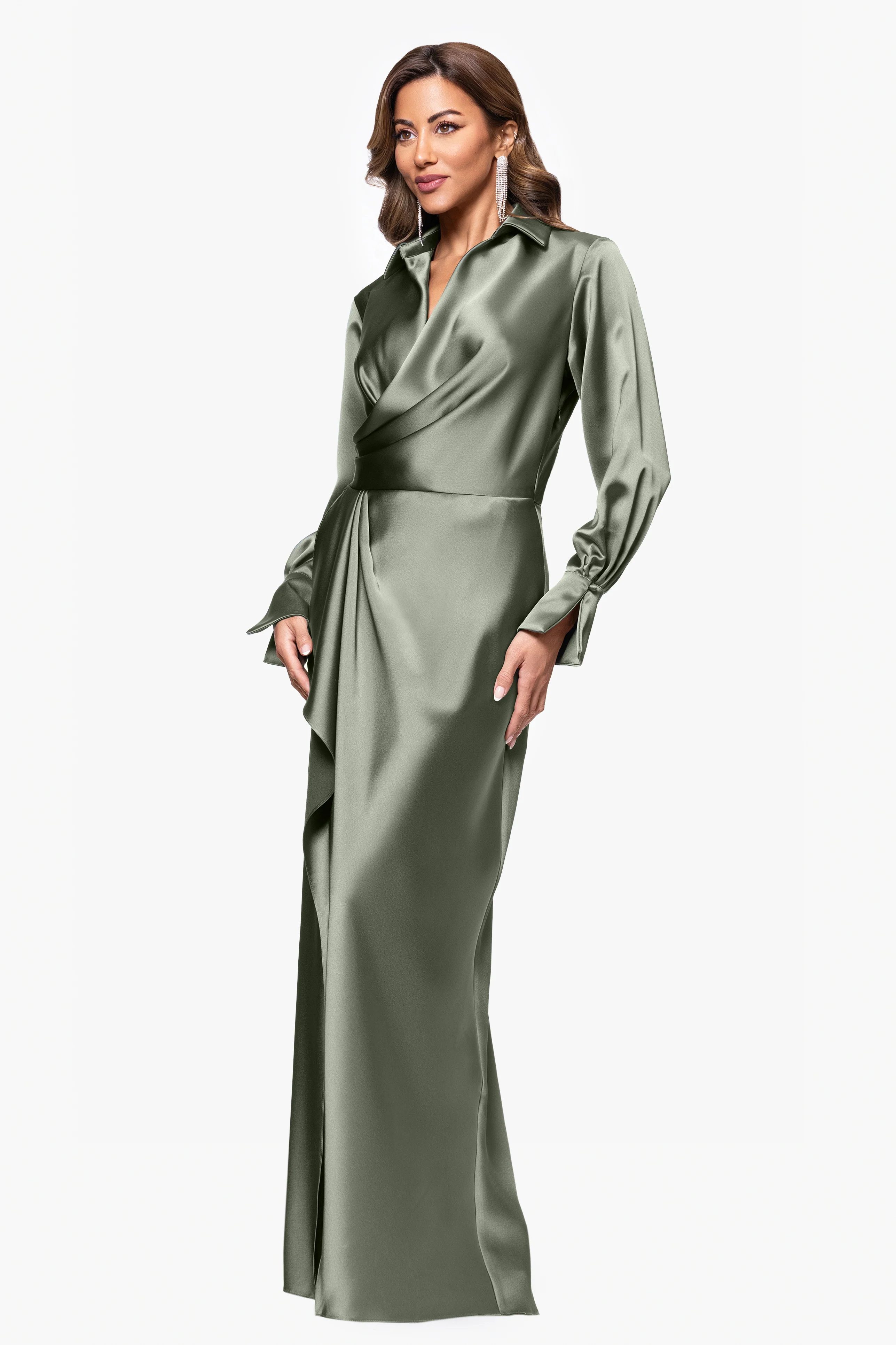 "Emery" Long Satin Long Sleeve Collared Dress - Image 18