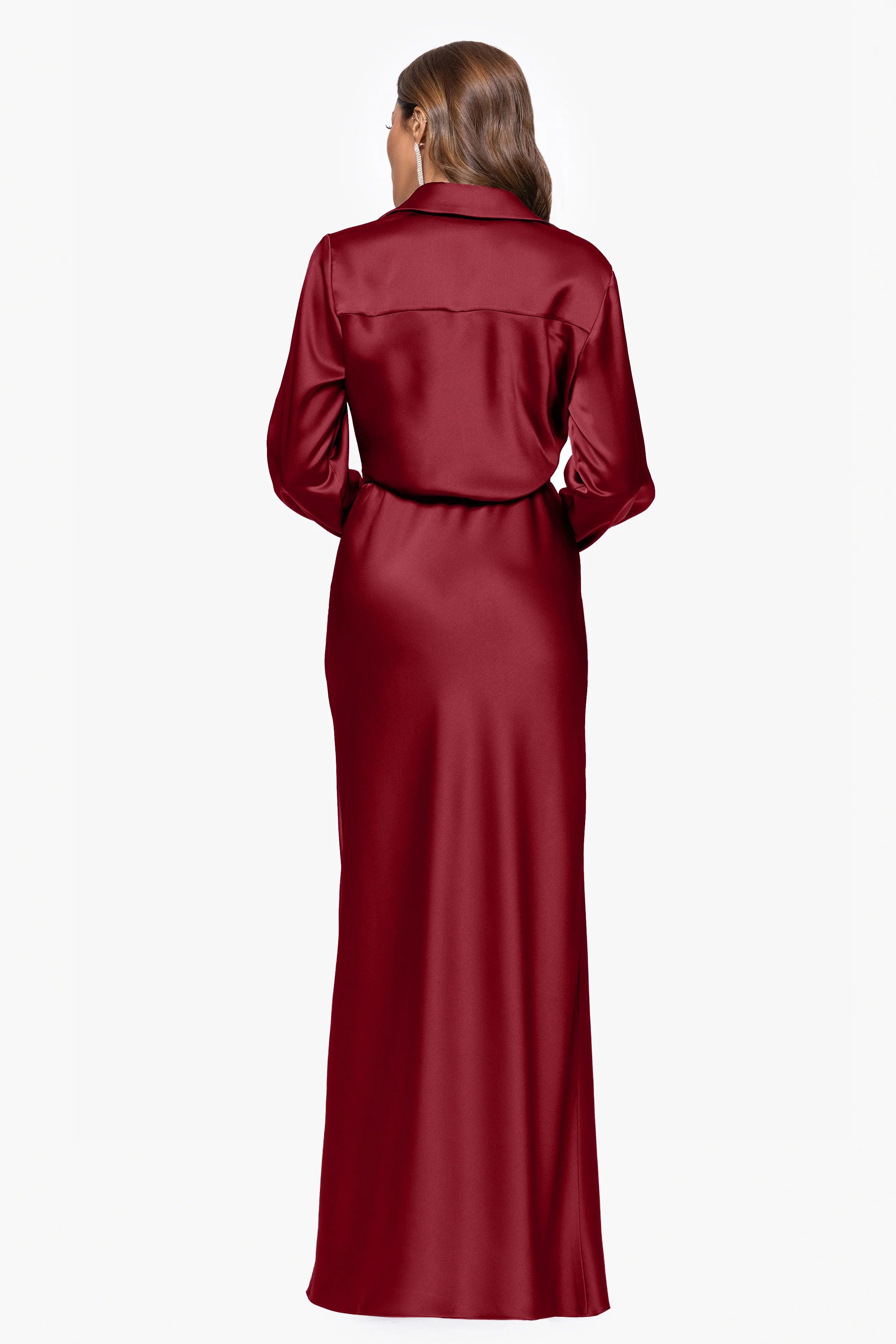 "Emery" Long Satin Long Sleeve Collared Dress - Image 11