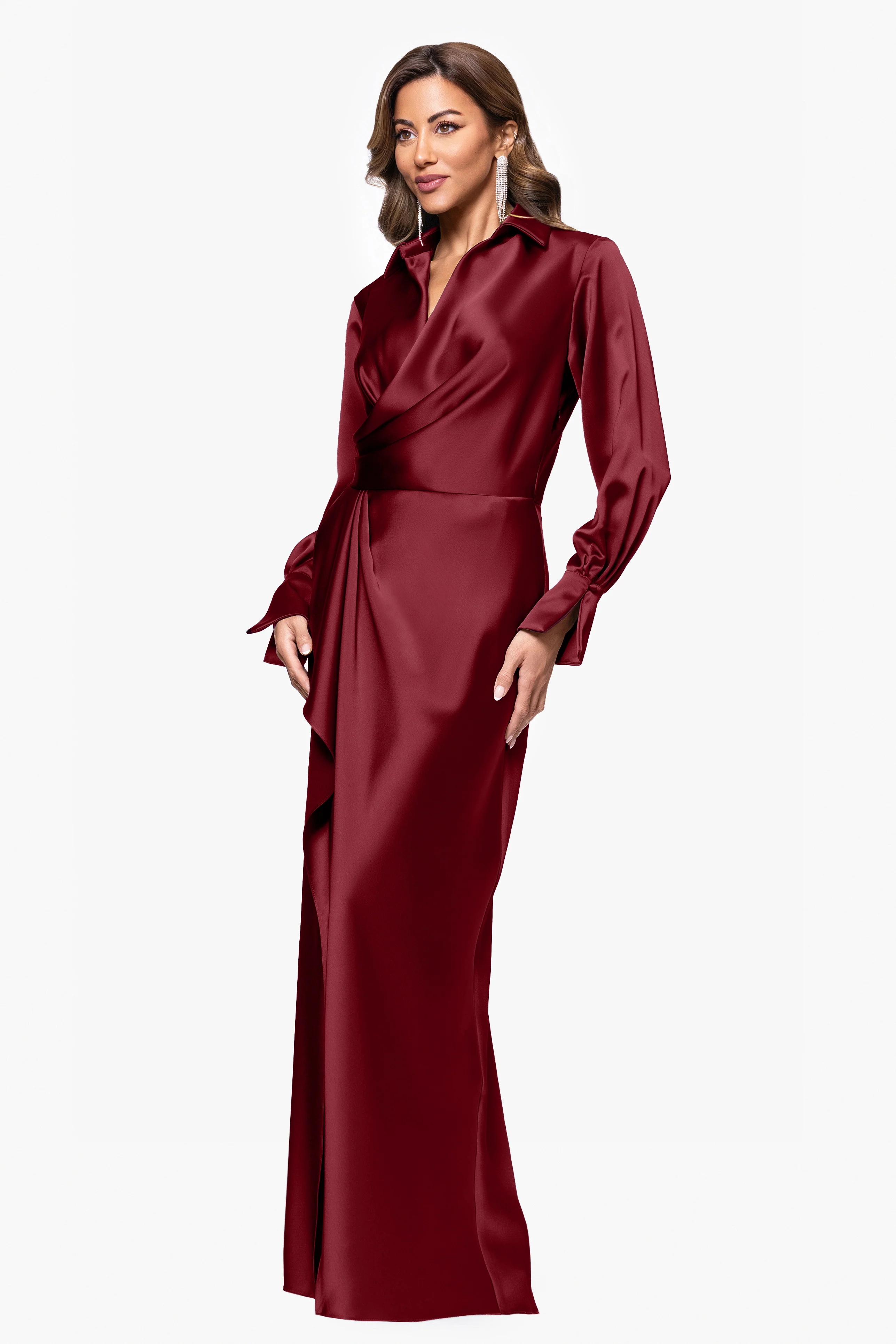 "Emery" Long Satin Long Sleeve Collared Dress - Image 12