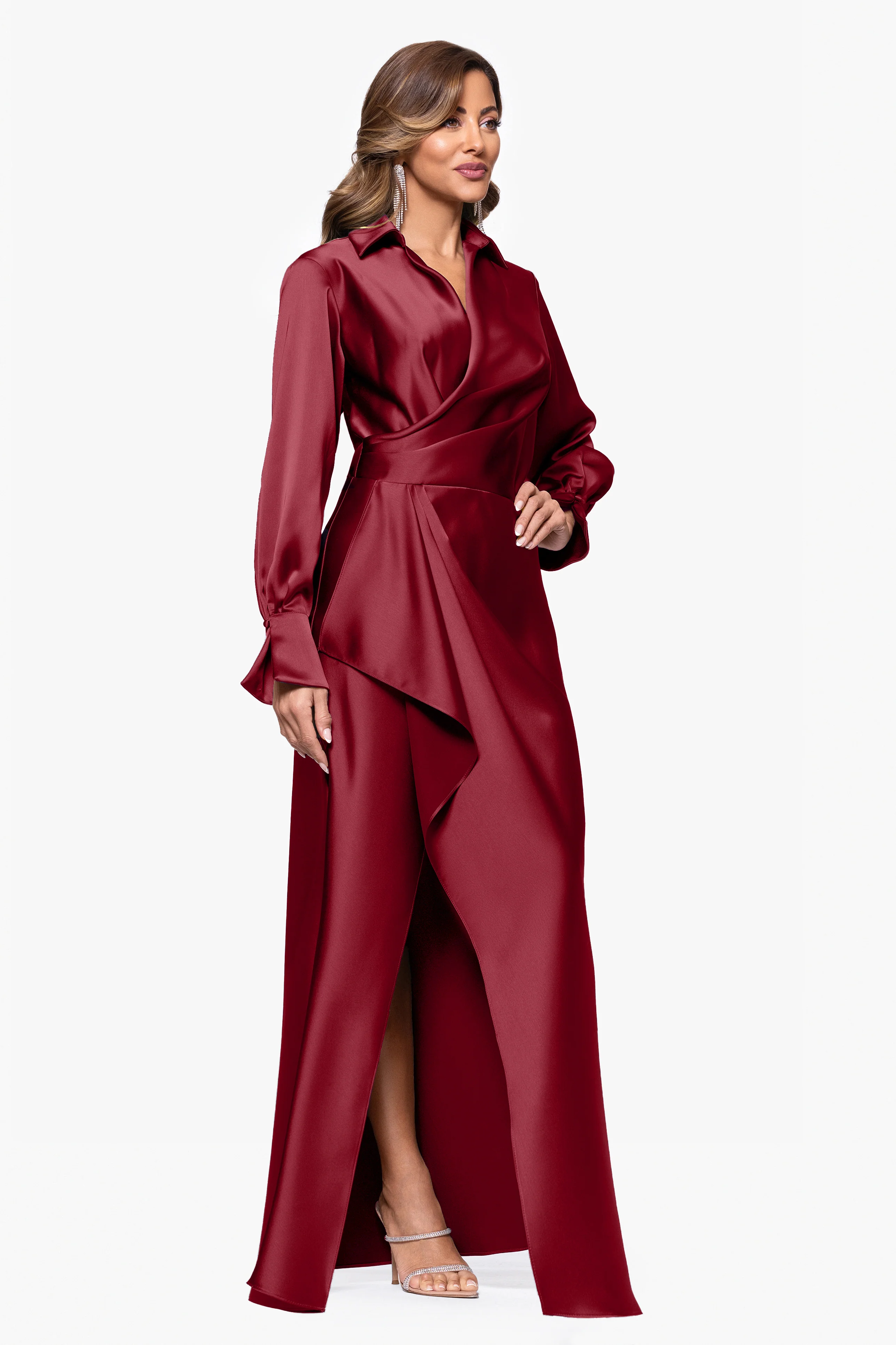 "Emery" Long Satin Long Sleeve Collared Dress - Image 13
