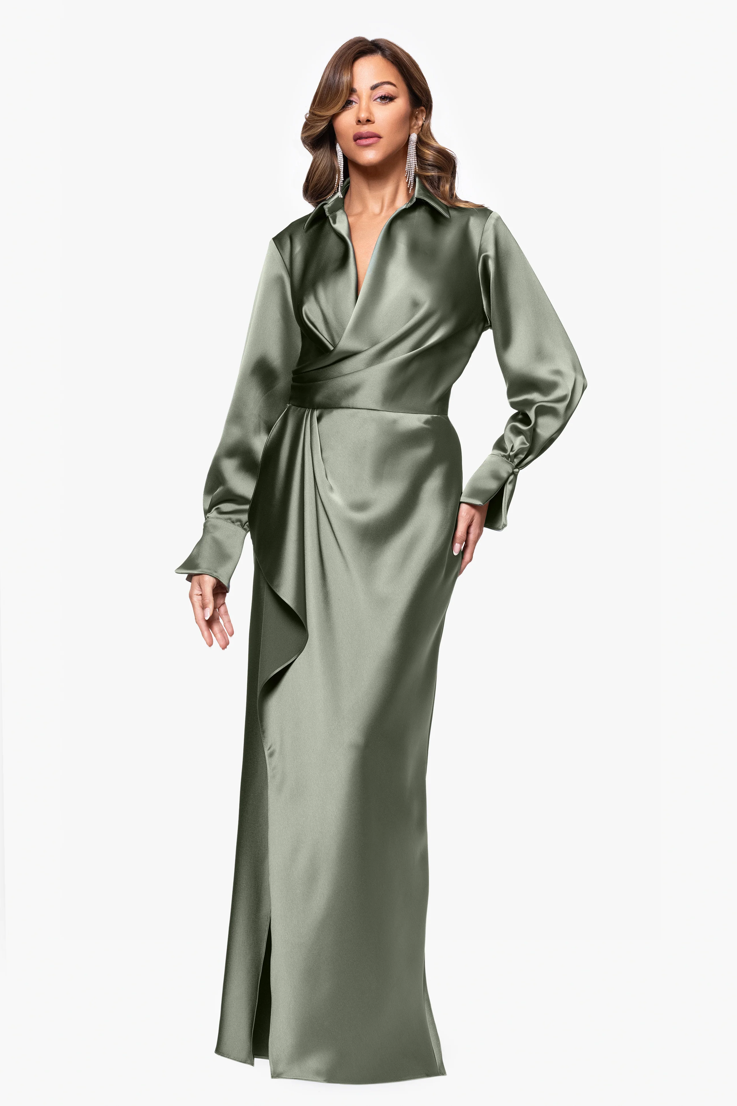 "Emery" Long Satin Long Sleeve Collared Dress - Image 15