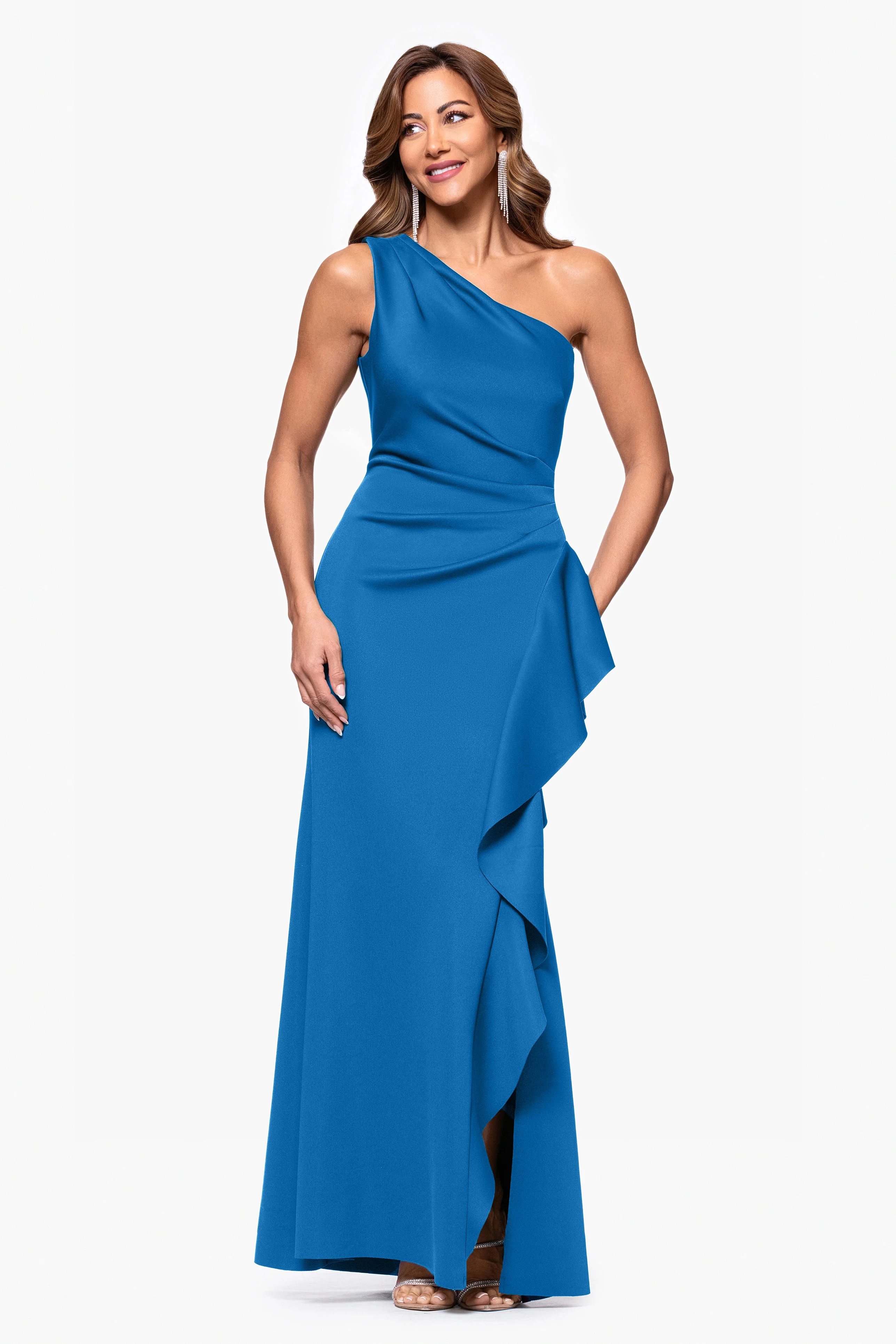"Flo" Long Techno Scuba One Shoulder Ruffle Dress - Image 34