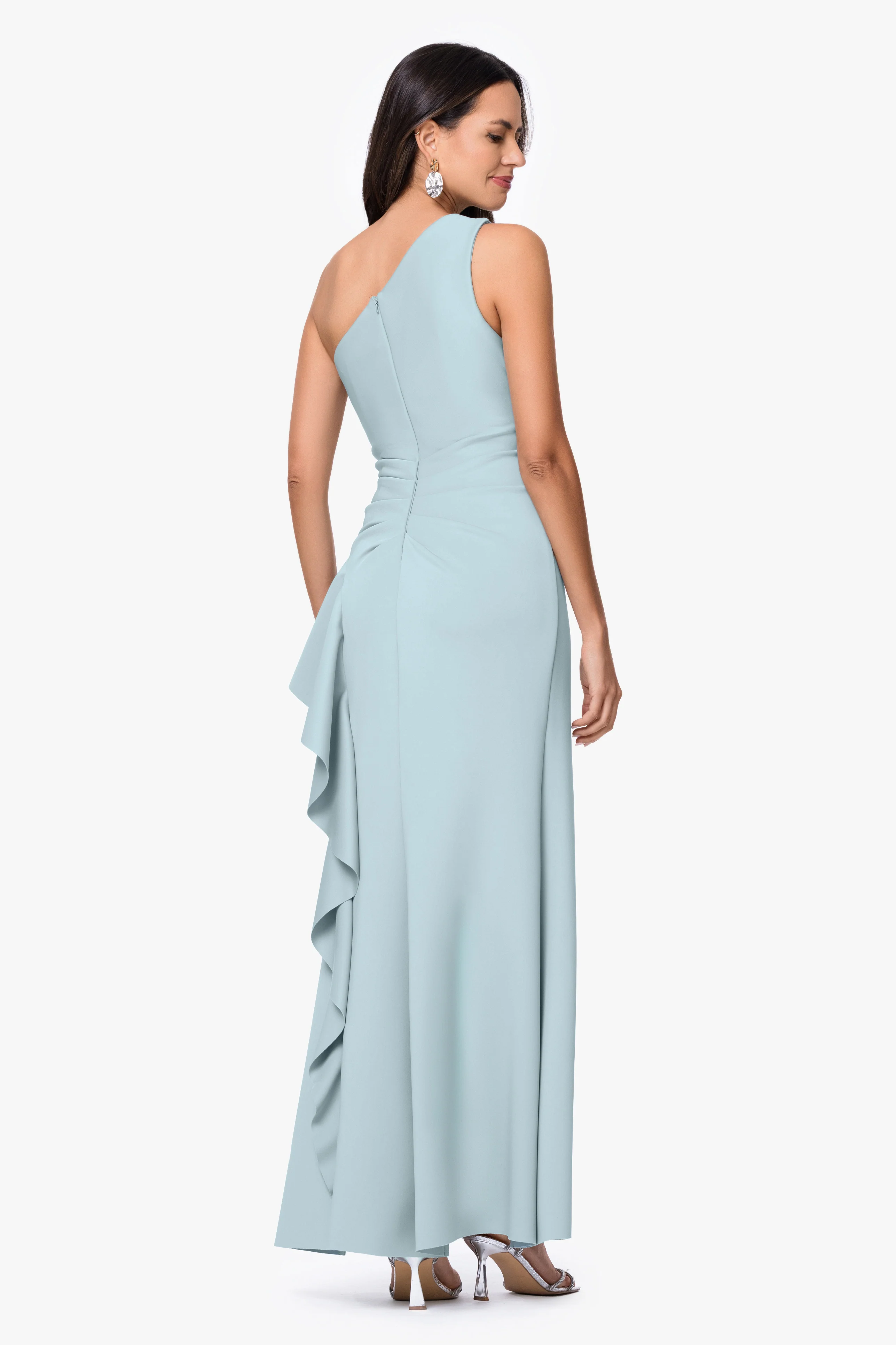 Petite "Flo" Long Techno Scuba One Shoulder Ruffle Dress - Image 26