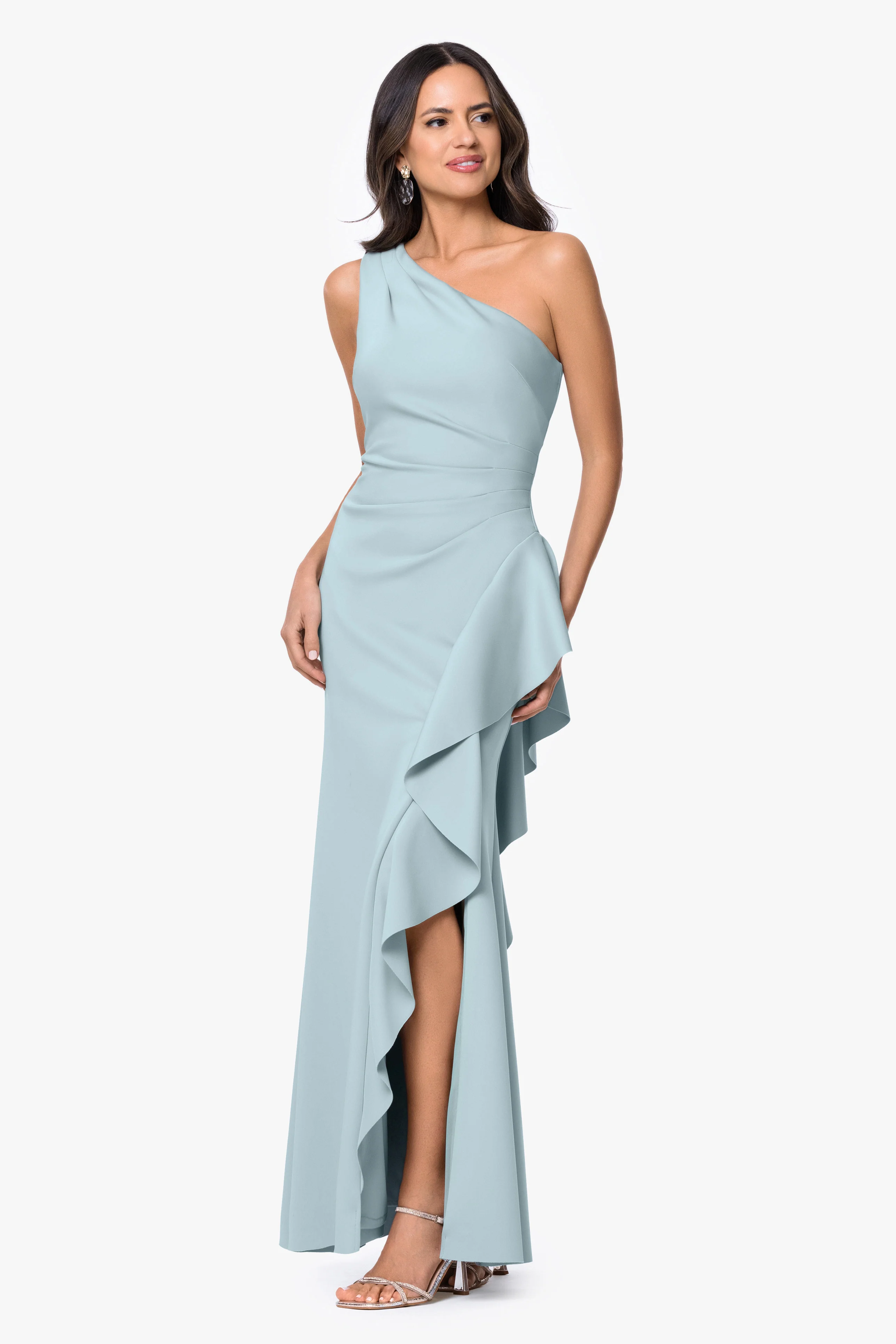 Petite "Flo" Long Techno Scuba One Shoulder Ruffle Dress - Image 27