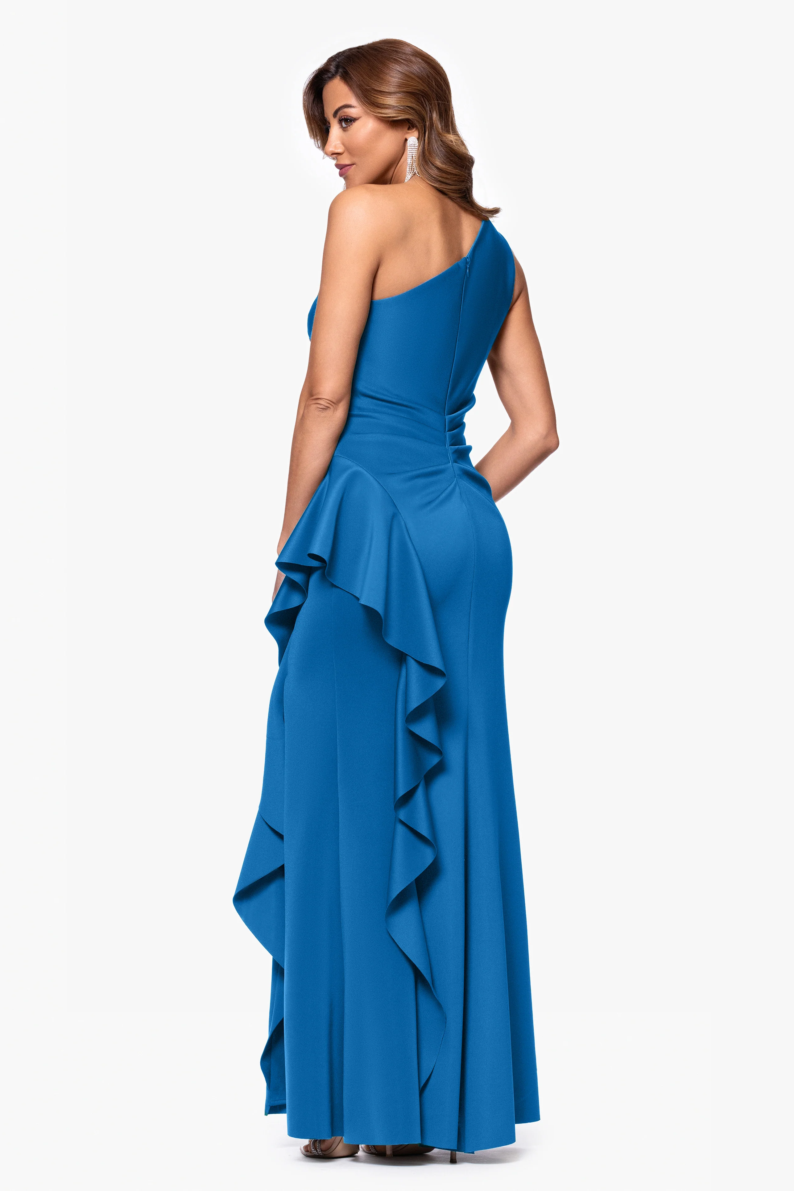 "Flo" Long Techno Scuba One Shoulder Ruffle Dress - Image 36