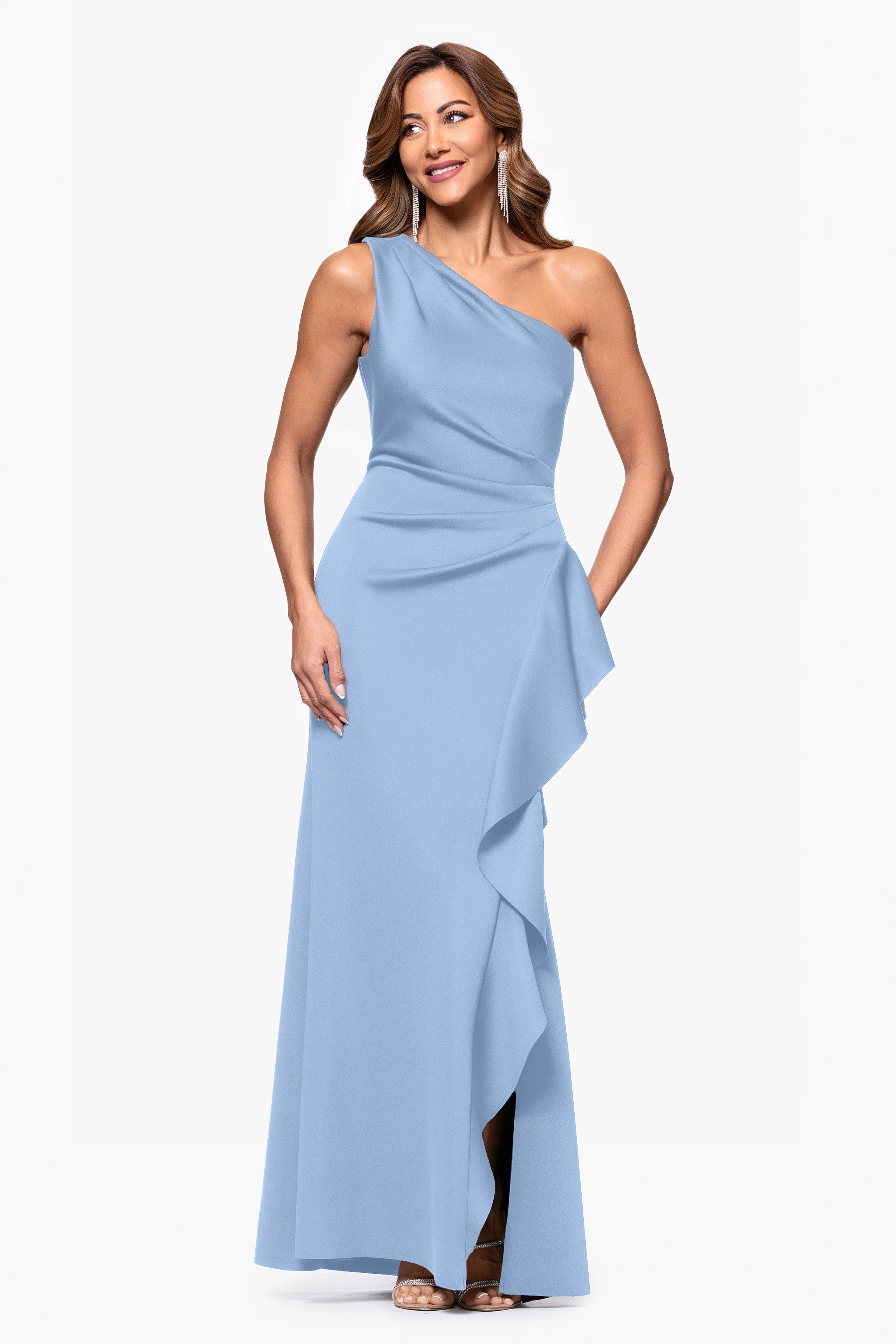 Petite "Flo" Long Techno Scuba One Shoulder Ruffle Dress - Image 38