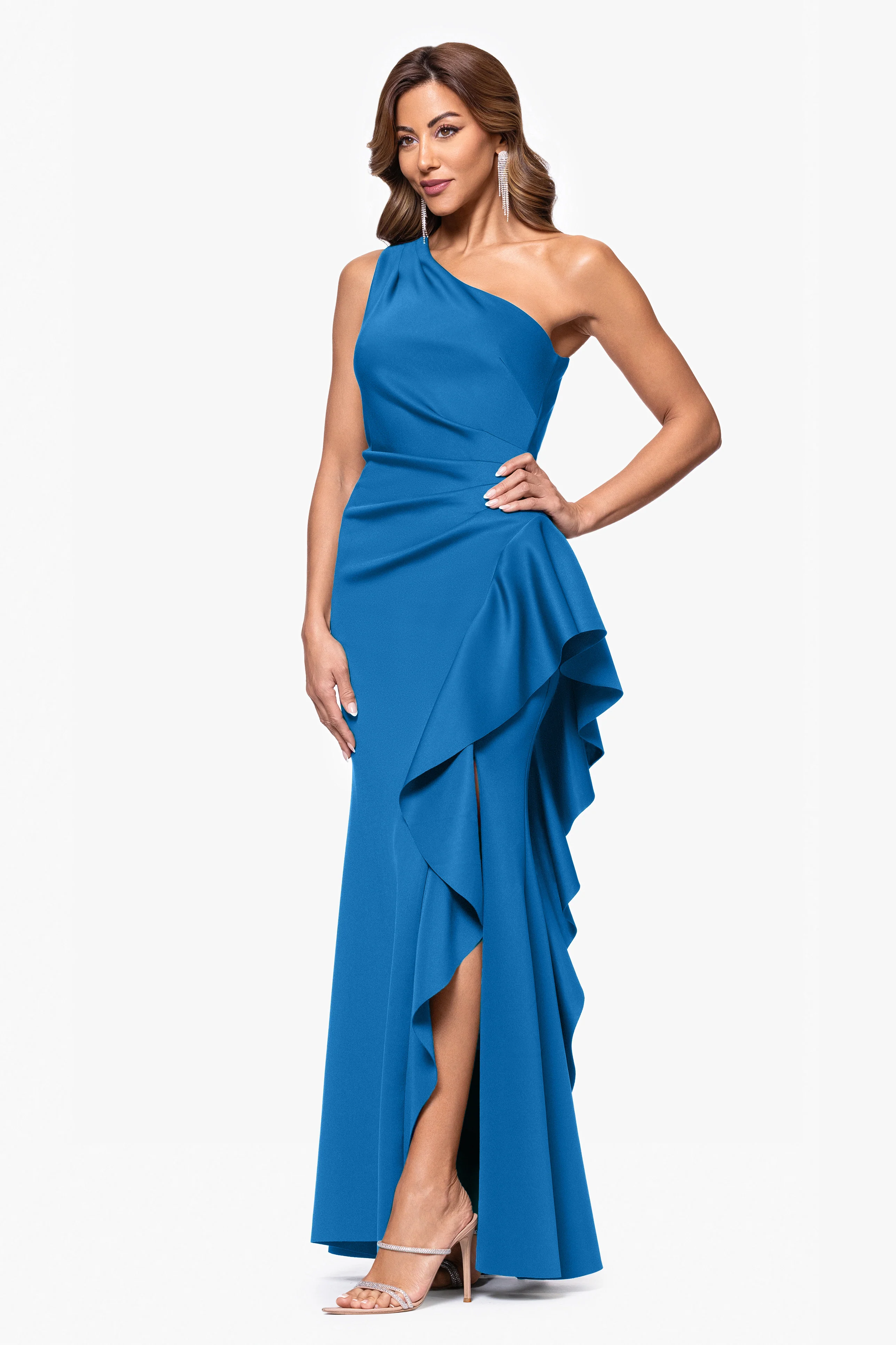 "Flo" Long Techno Scuba One Shoulder Ruffle Dress - Image 37