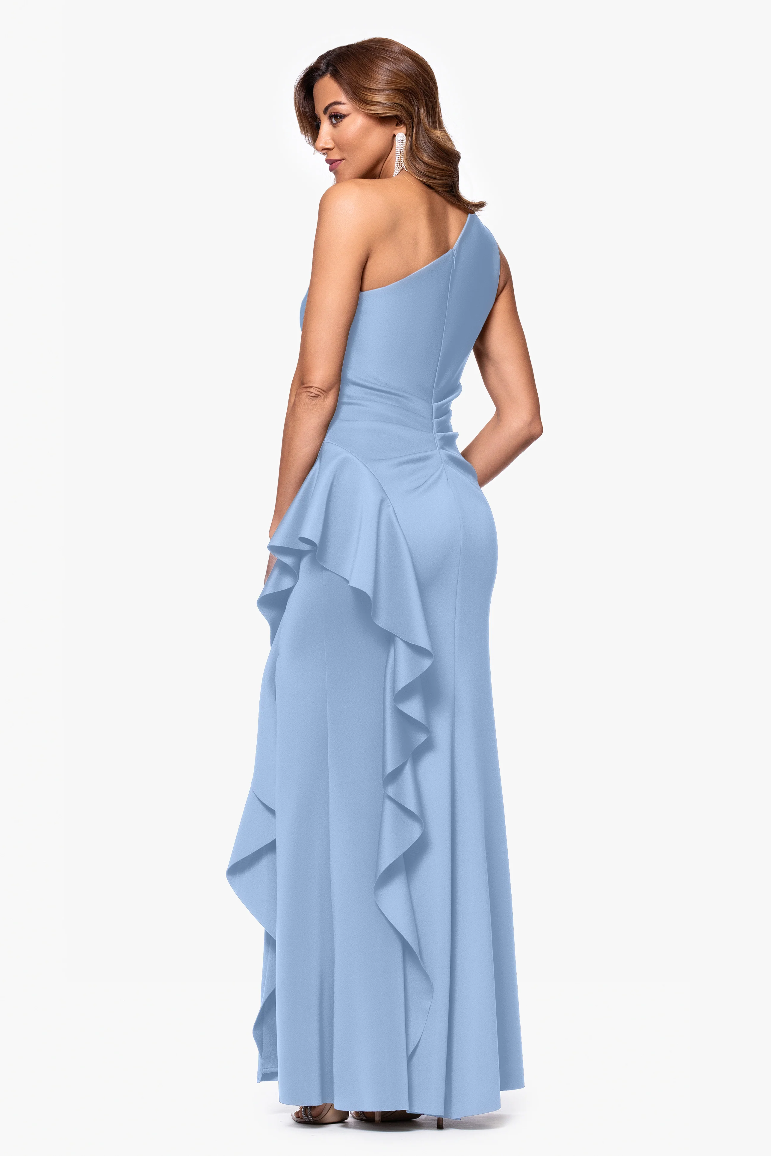 Petite "Flo" Long Techno Scuba One Shoulder Ruffle Dress - Image 40