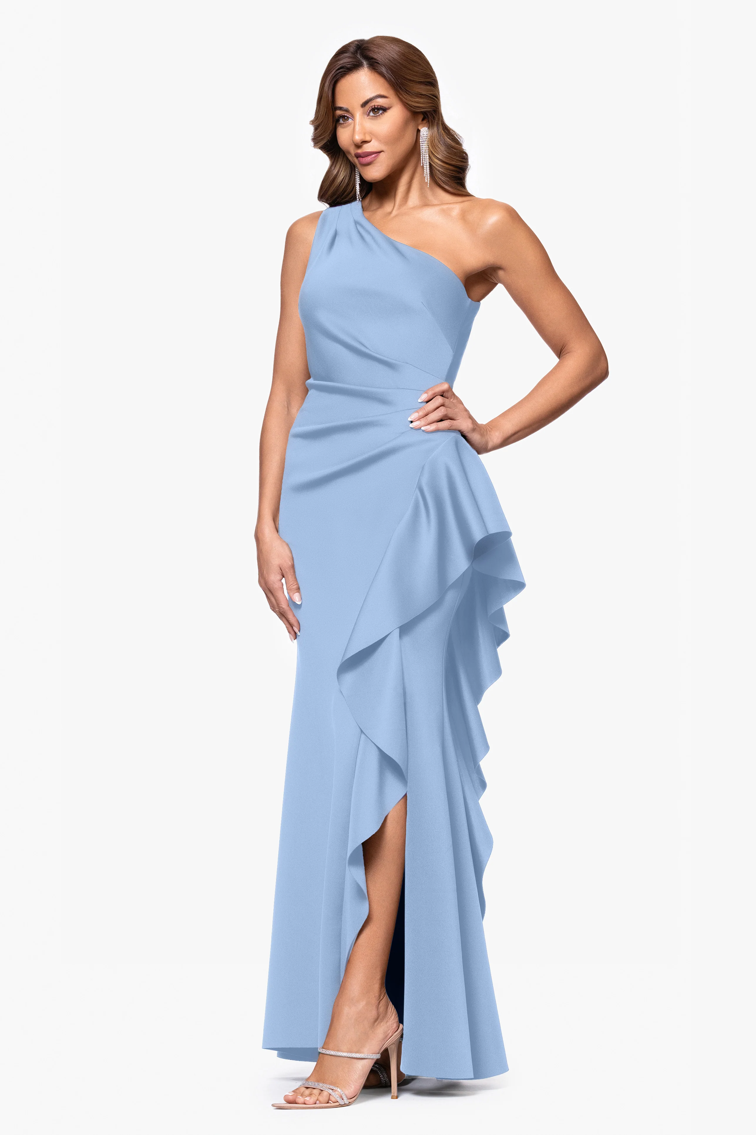 Petite "Flo" Long Techno Scuba One Shoulder Ruffle Dress - Image 41