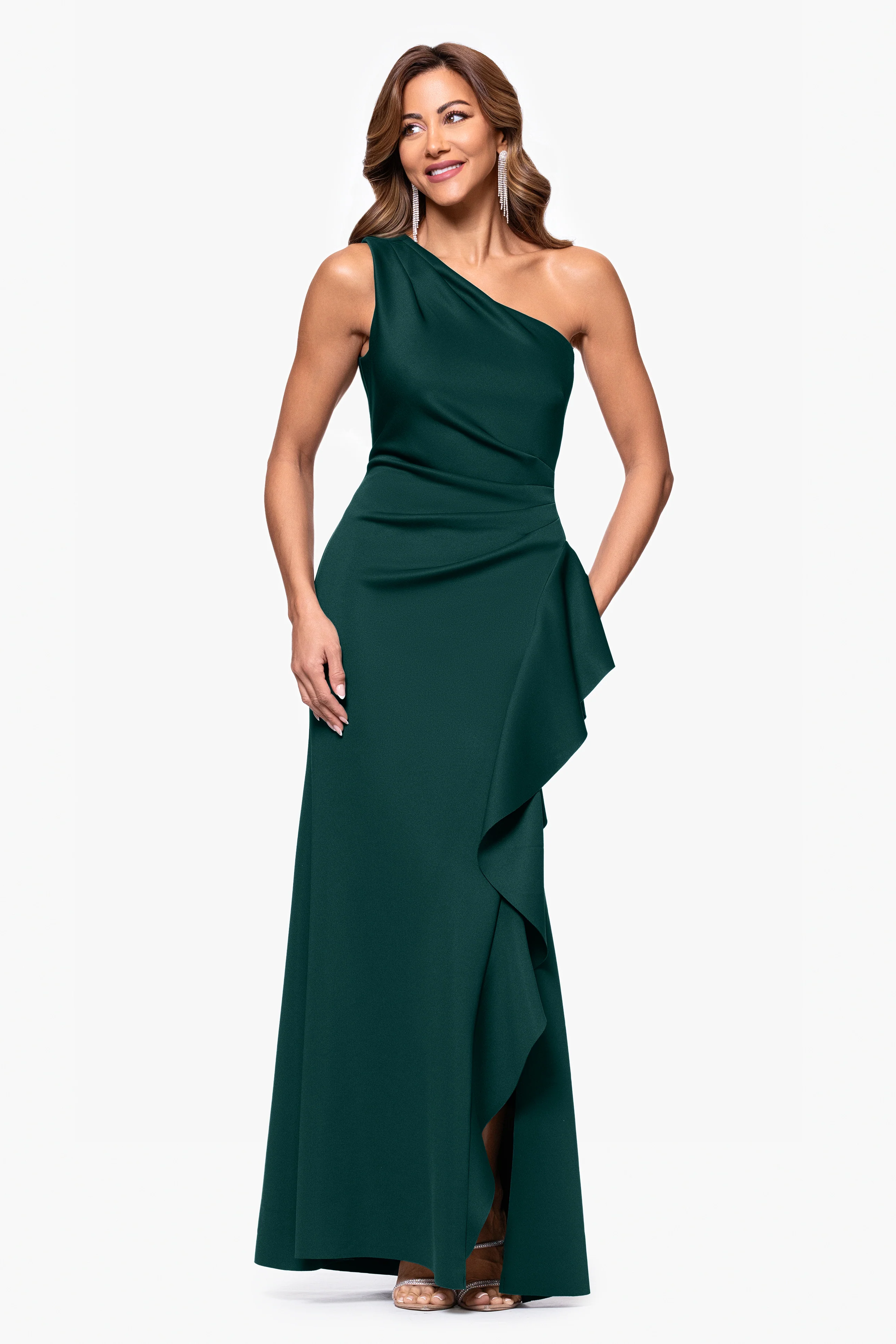 Petite "Flo" Long Techno Scuba One Shoulder Ruffle Dress - Image 43